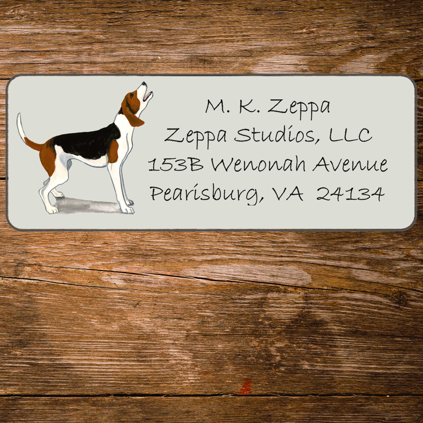 Return address label with a Treeing Walker Coonhound illustration.