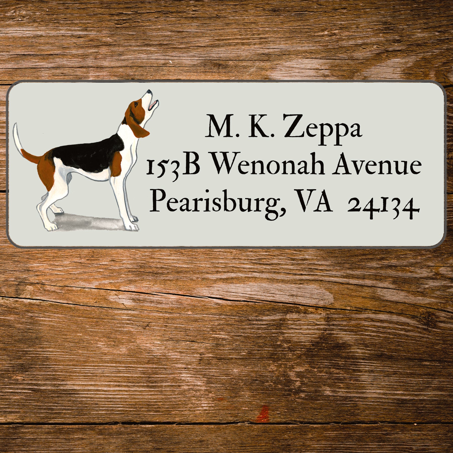 Return address label with a Treeing Walker Coonhound illustration.