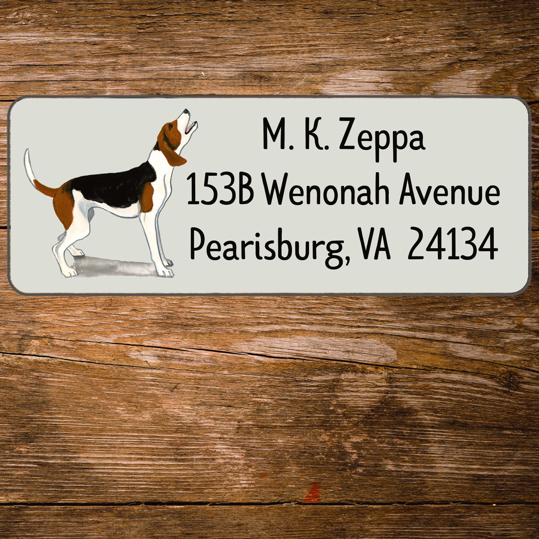 Return address label with a Treeing Walker Coonhound illustration.