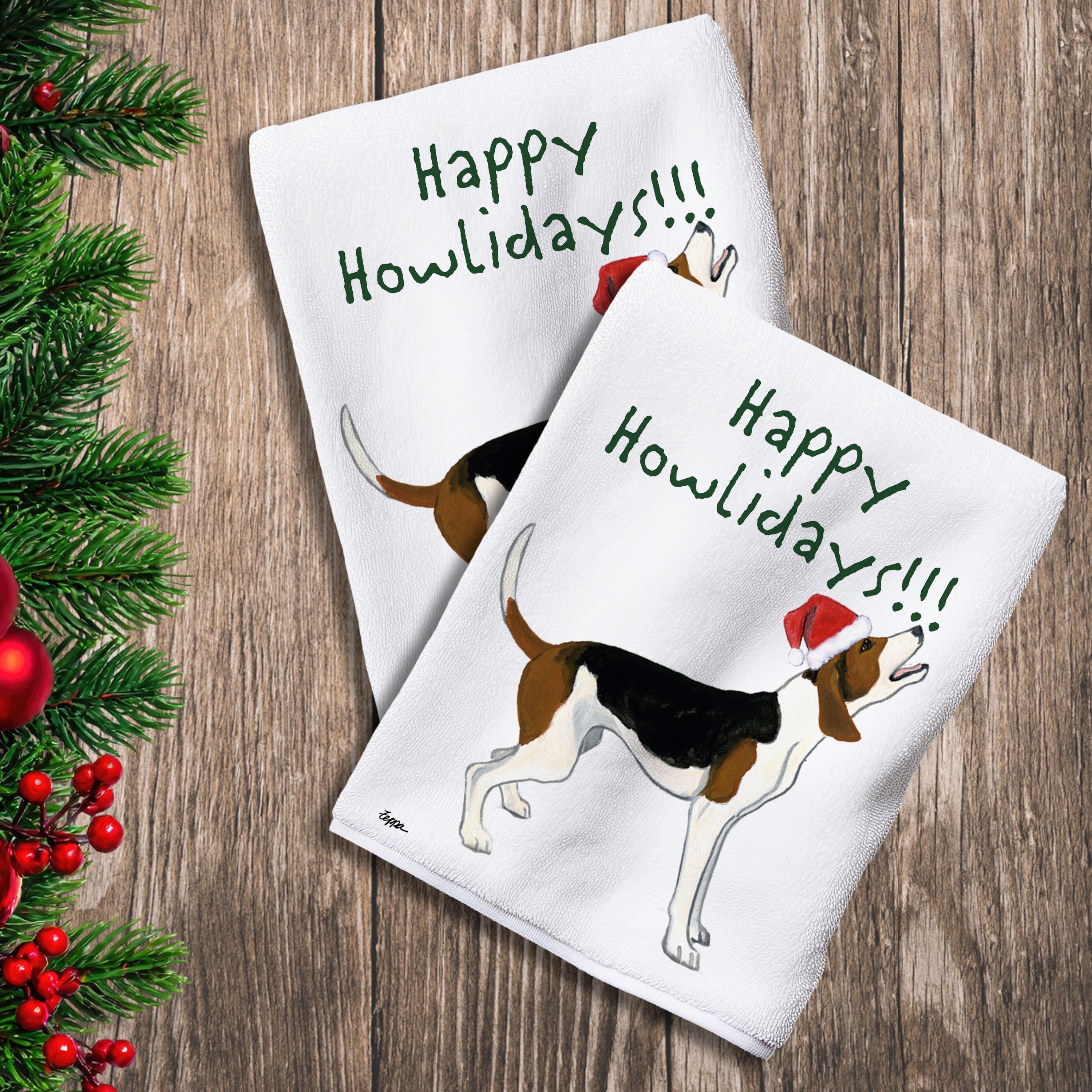 2 Kitchen Towels with a Treeing Walker Coonhound in a Santa Hat and Happy Howlidays text.