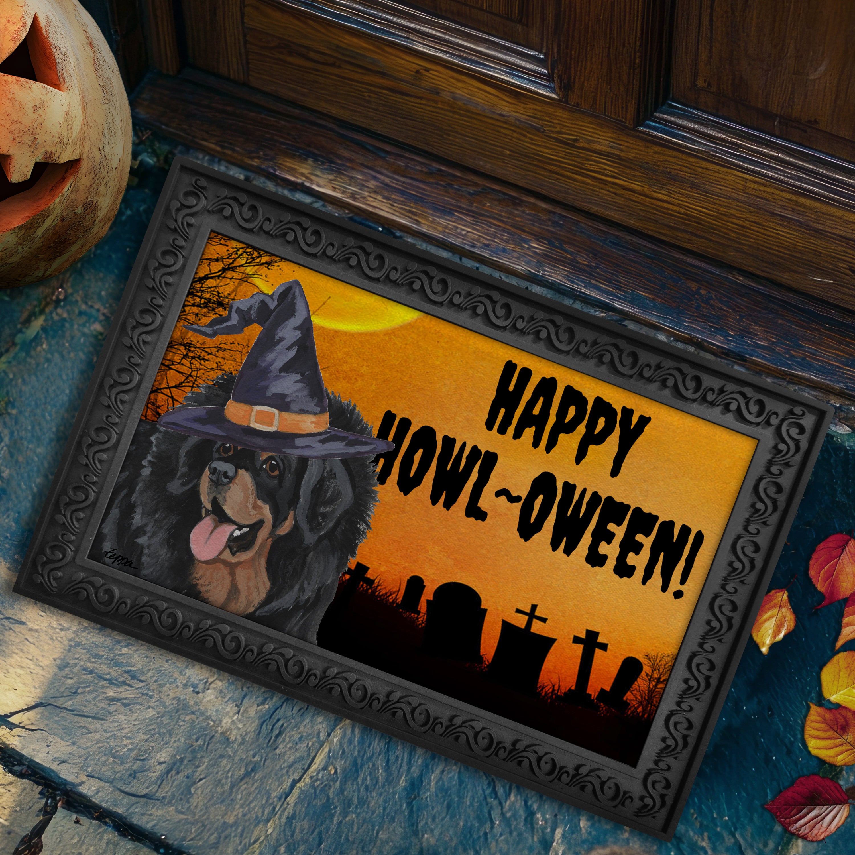 Tibetan Mastiff in a witch's hat on a Happy Howl-ween doormat.