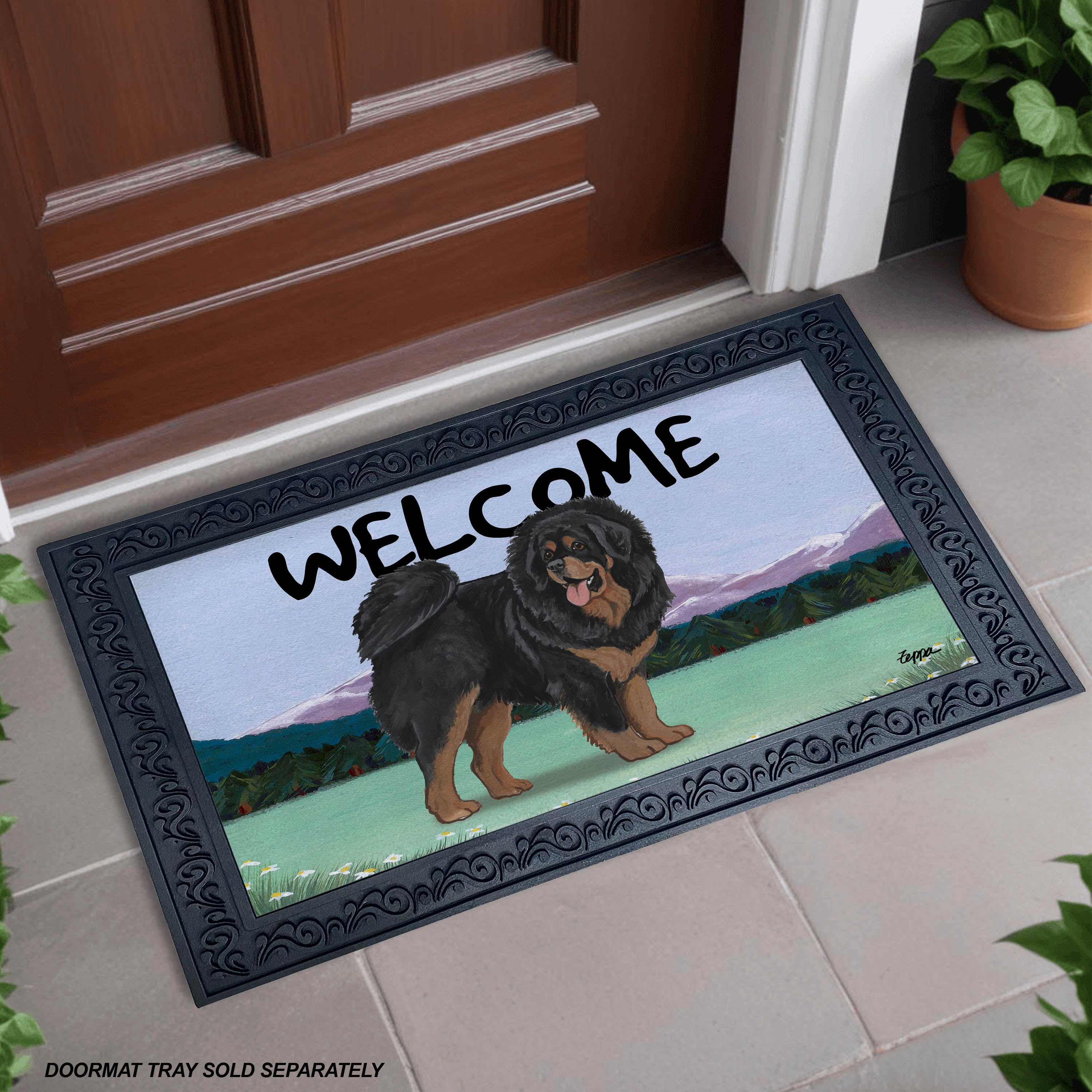 Tibetan Mastiff Mountain Scene Welcome Mat