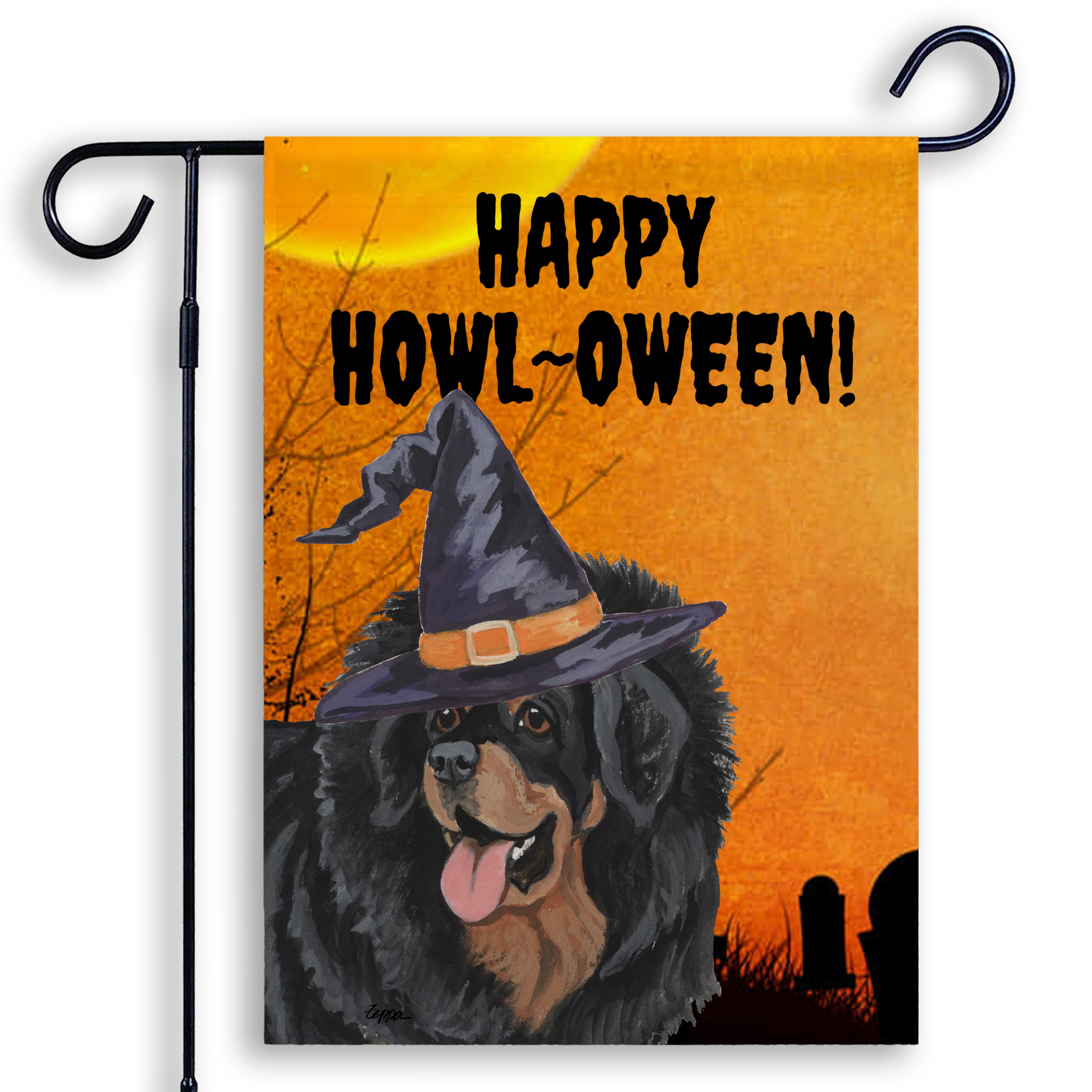 Halloween-themed garden flag with a Tibetan Mastiff wearing a witch hat and 'Happy Howl-Oween!' text on an orange background.