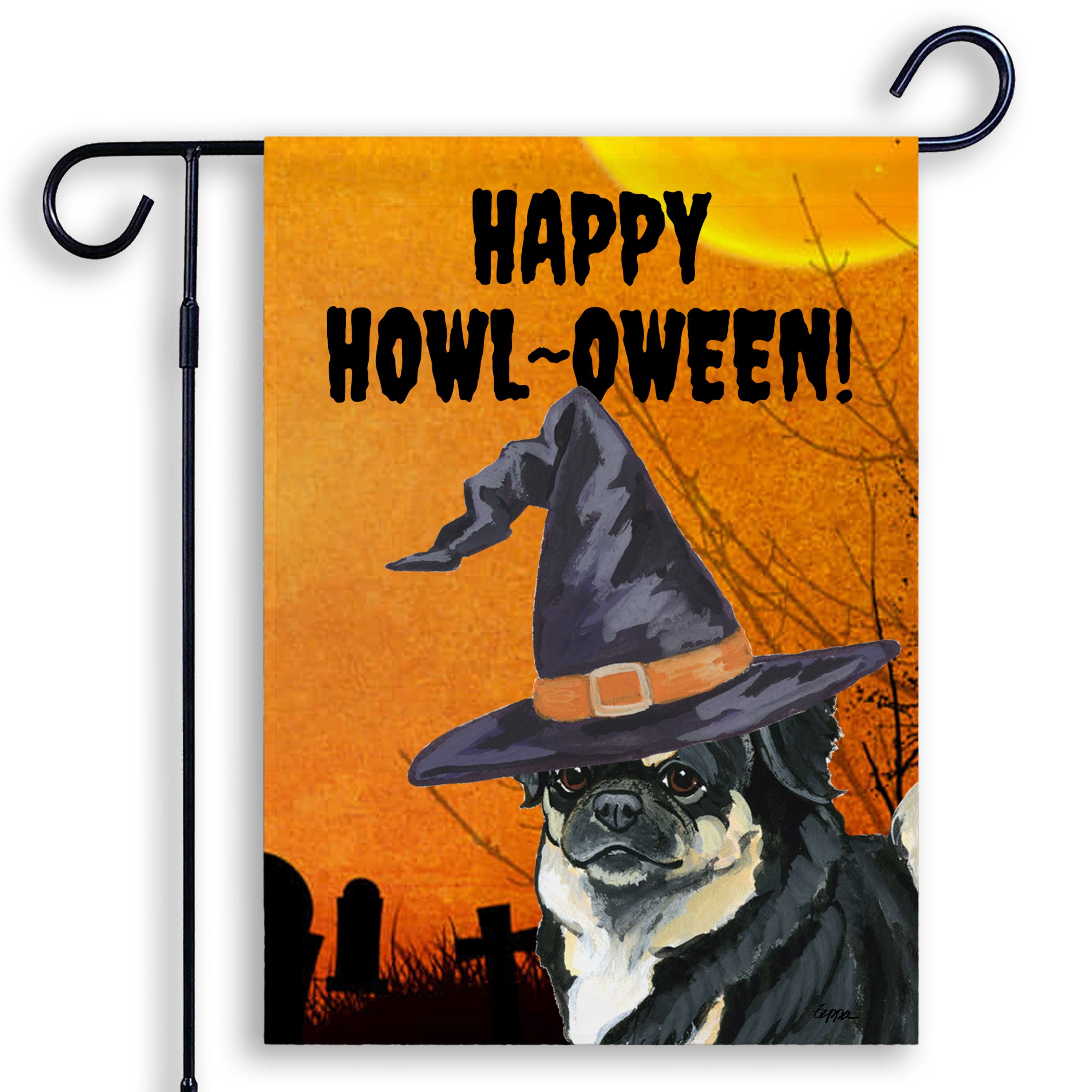 Halloween-themed garden flag with a Tibetan Spaniel wearing a witch hat and 'Happy Howl-Oween!' text on an orange background.