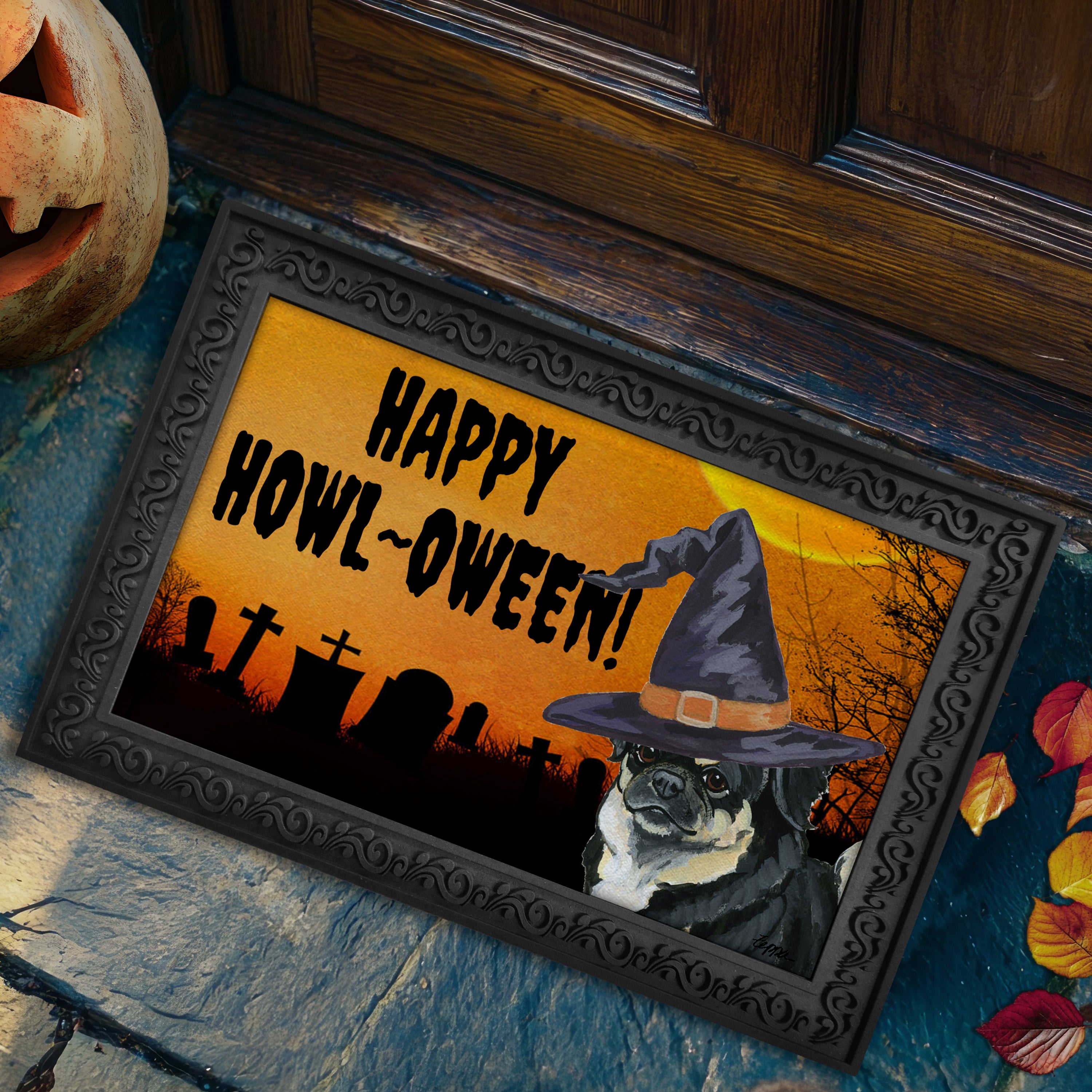 Halloween-themed doormat with a Tibetan Spaniel wearing a witch hat and 'Happy Howl-Oween!' text.