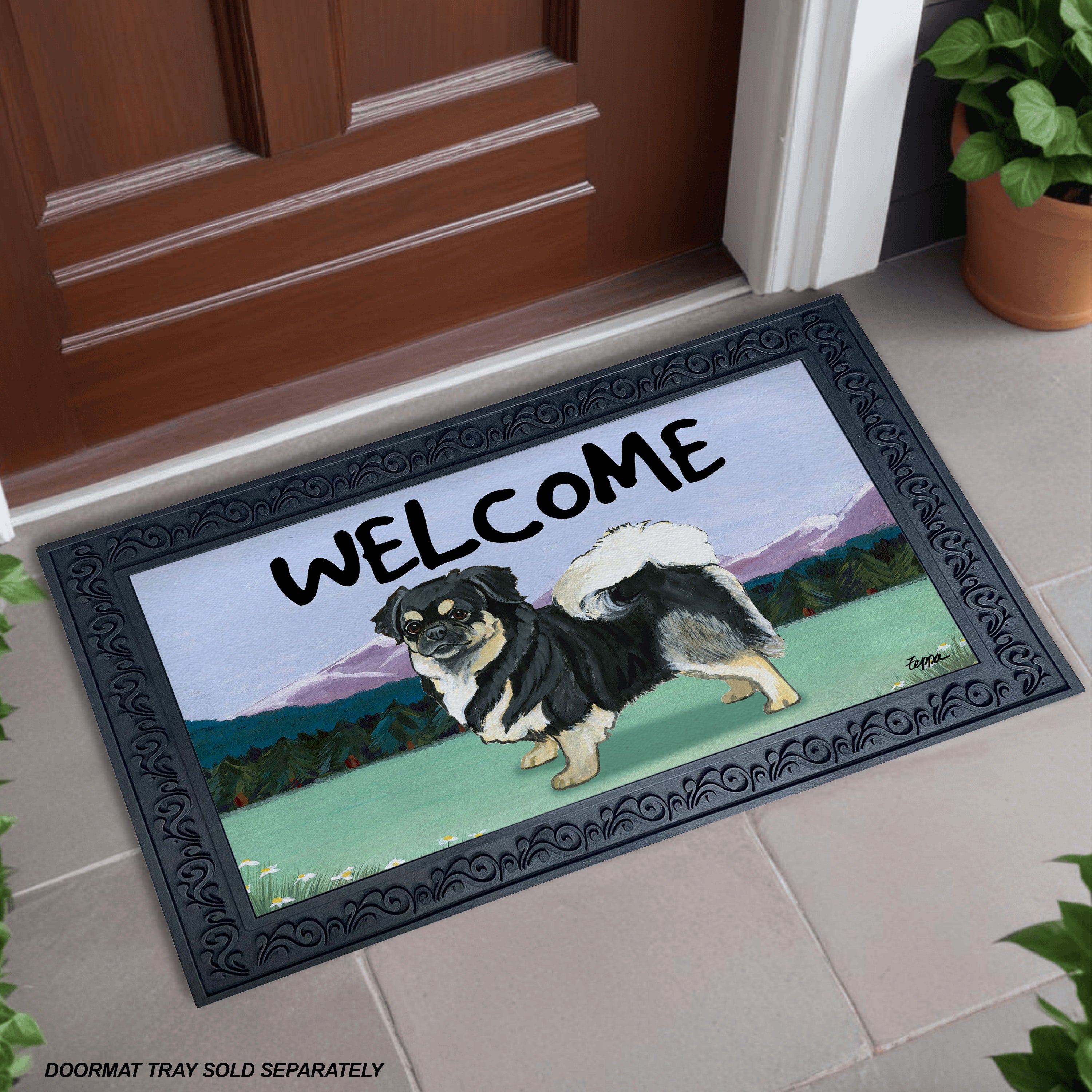 Black and Tan Tibetan Spaniel Mountain Scene Welcome Mat