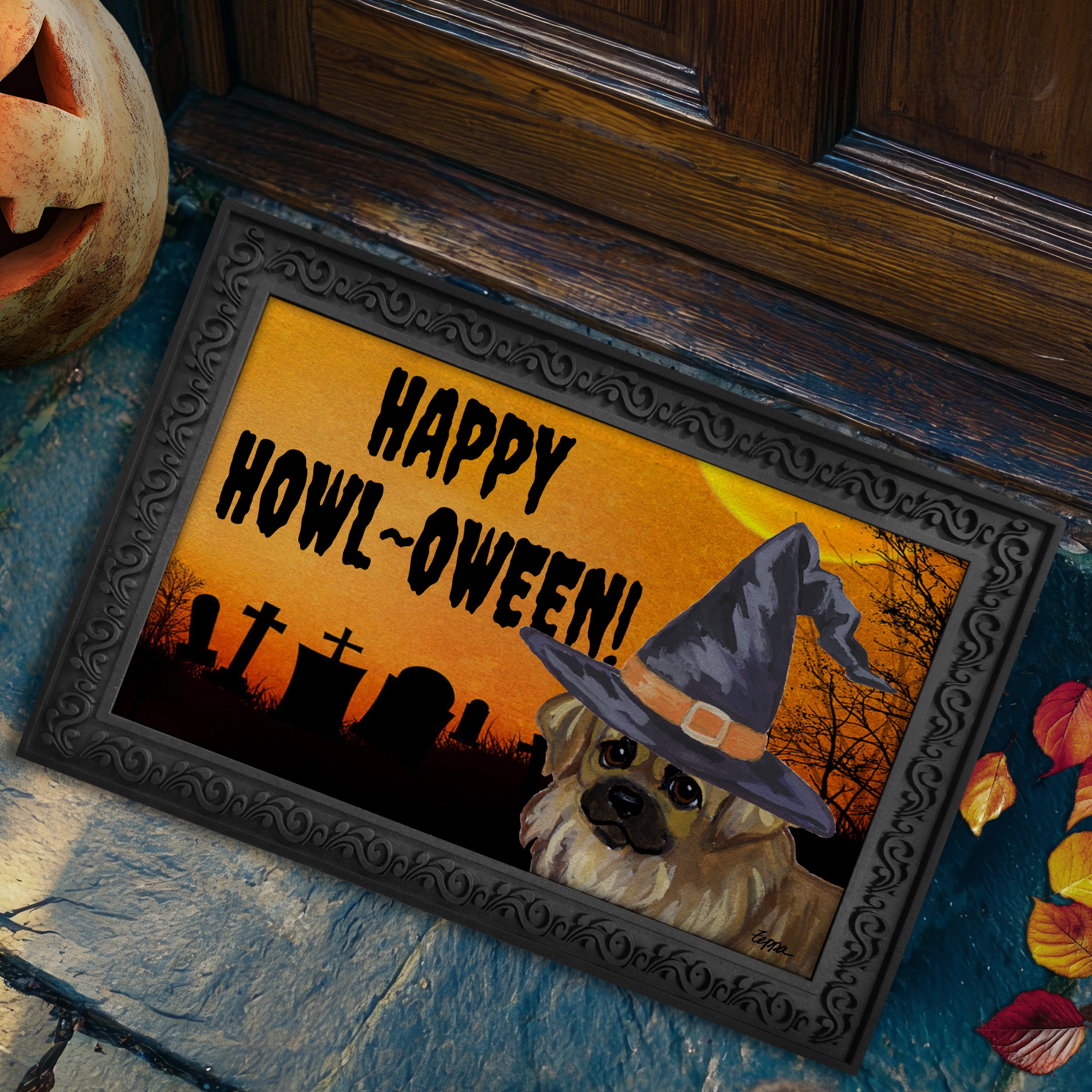 Halloween-themed doormat with a Tibetan Spaniel wearing a witch hat and 'Happy Howl-Oween!' text.