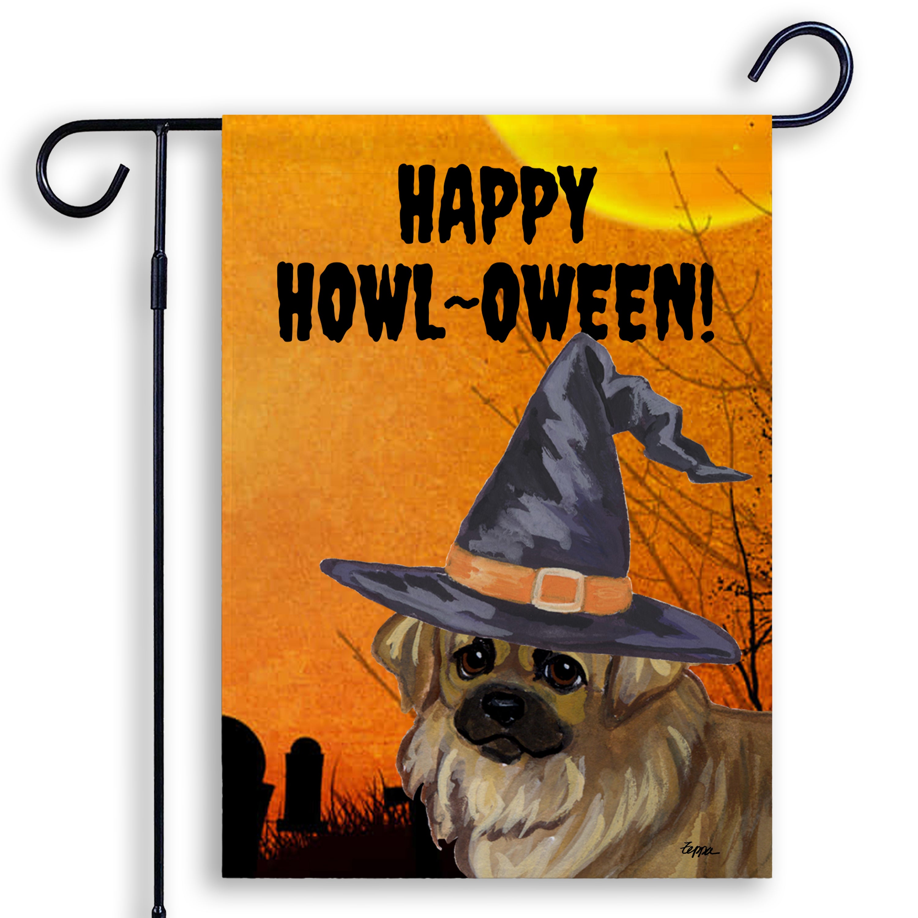 Halloween-themed garden flag with a Tibetan Spaniel wearing a witch hat and 'Happy Howl-Oween!' text on an orange background.