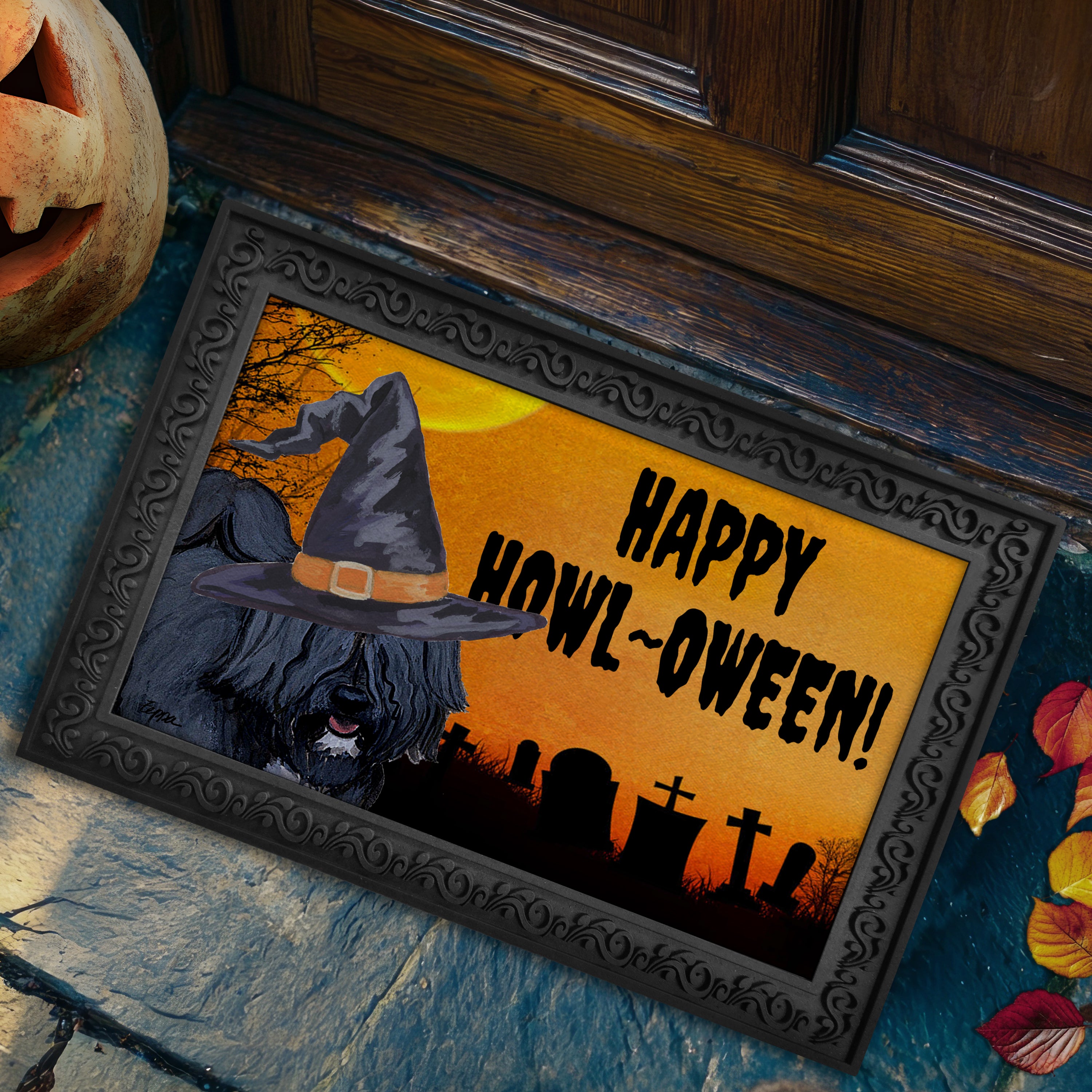 Halloween-themed doormat with a Tibetan Terrier wearing a witch hat and 'Happy Howl-Oween!' text.