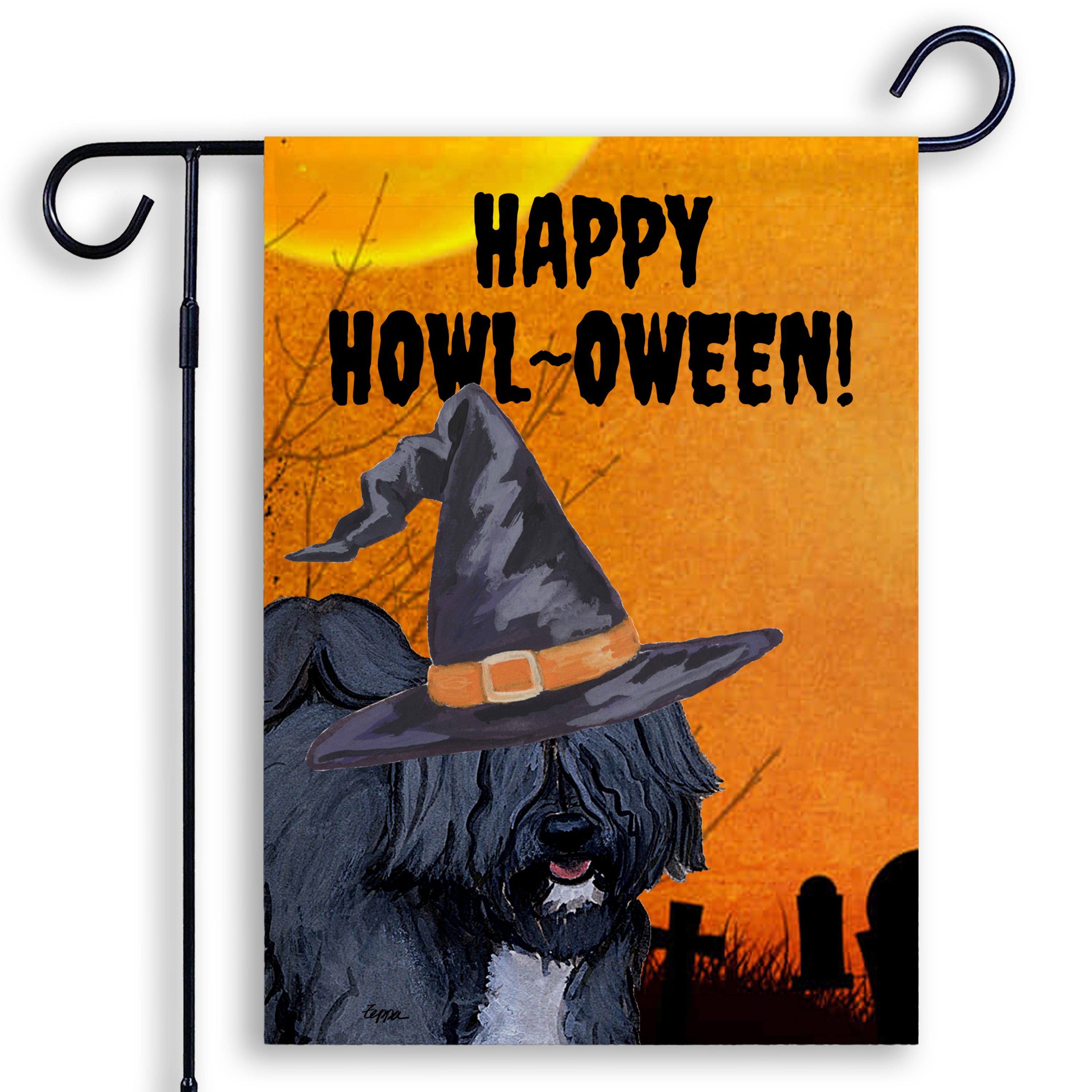 Halloween-themed garden flag with a Tibetan Terrier wearing a witch hat and 'Happy Howl-Oween!' text on an orange background.