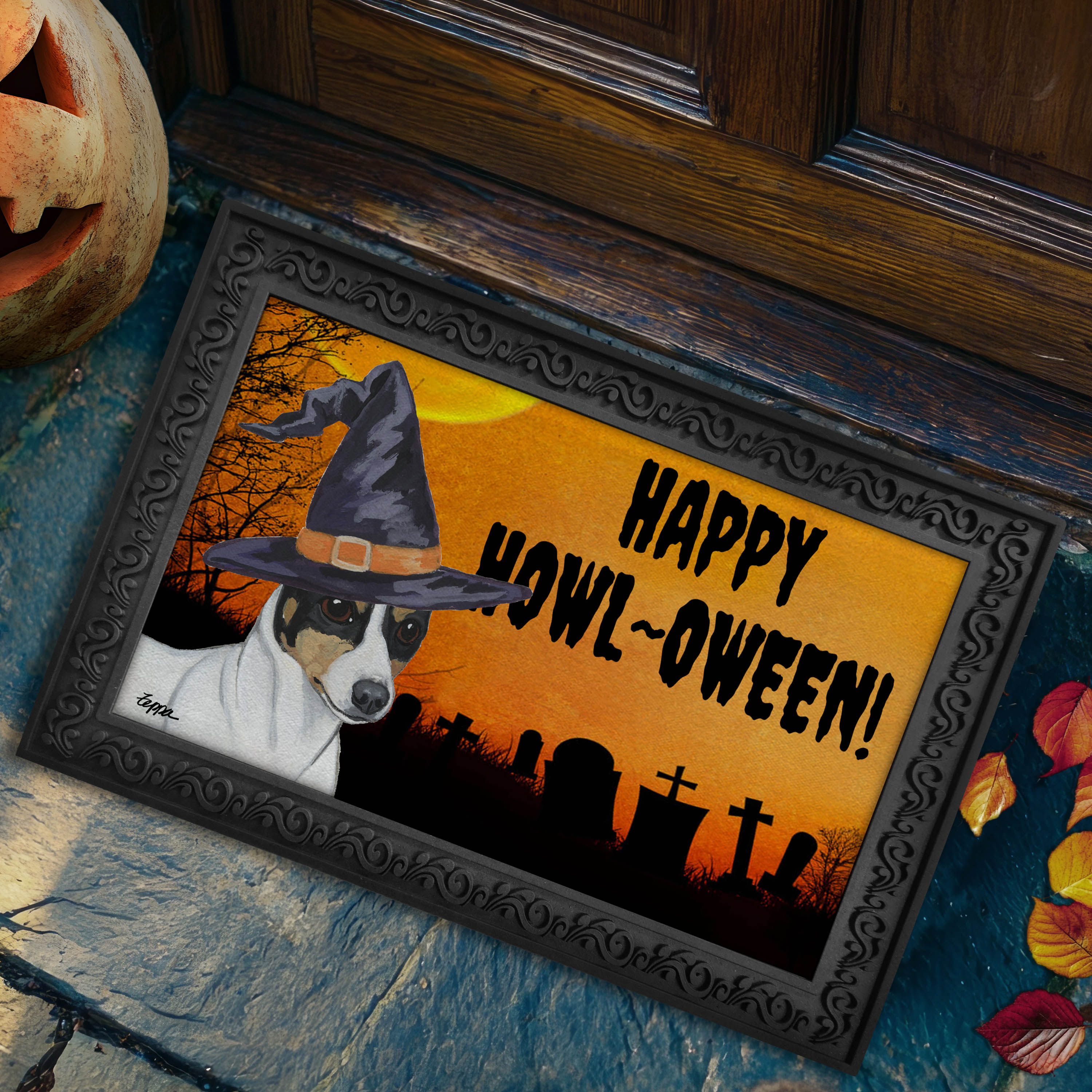Halloween-themed doormat with a Toy Fox Terrier wearing a witch hat and 'Happy Howl-O-Ween!' text, placed on a stone step.