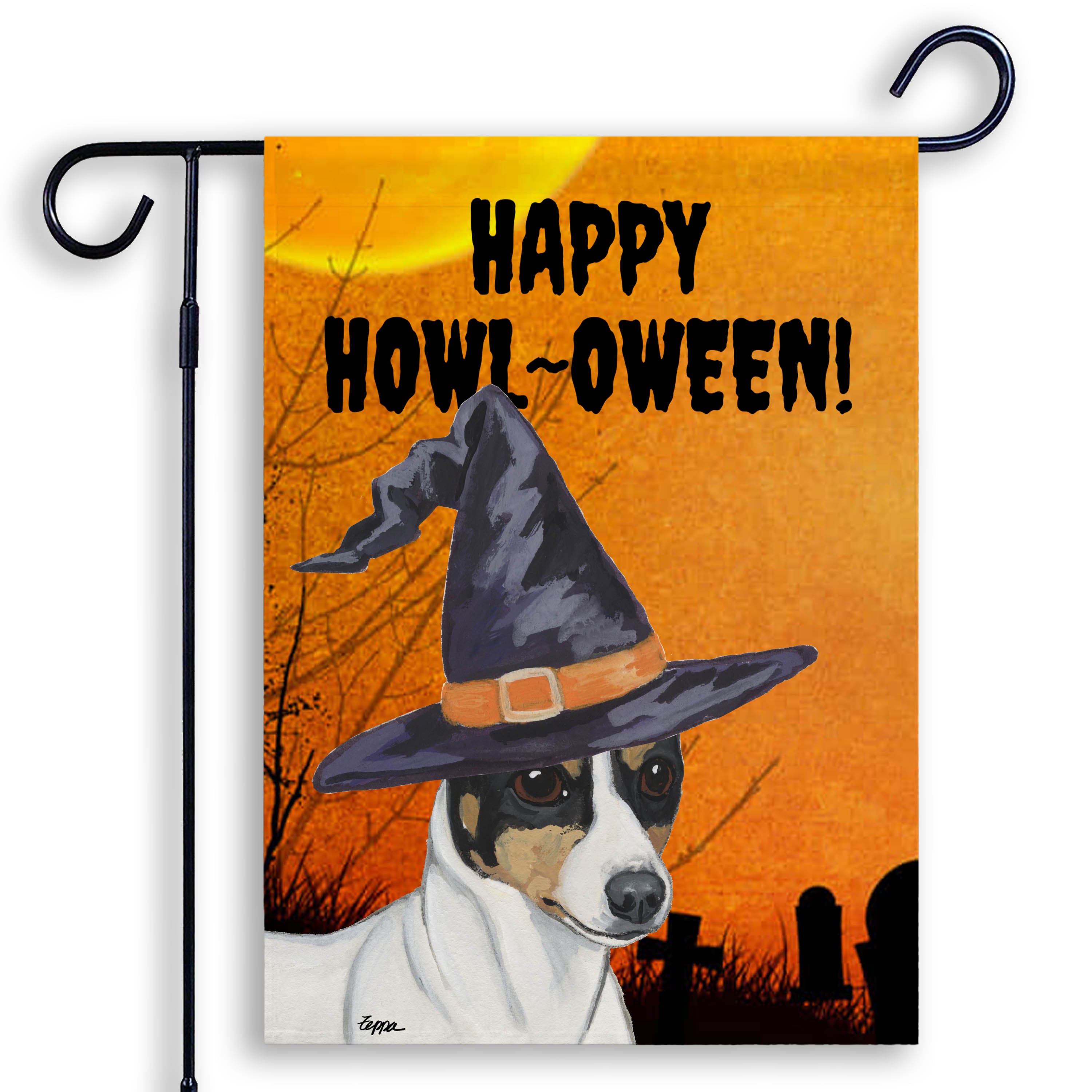 Halloween-themed garden flag with a Toy Fox Terrier wearing a witch hat and 'Happy Howl-Oween!' text on an orange background.
