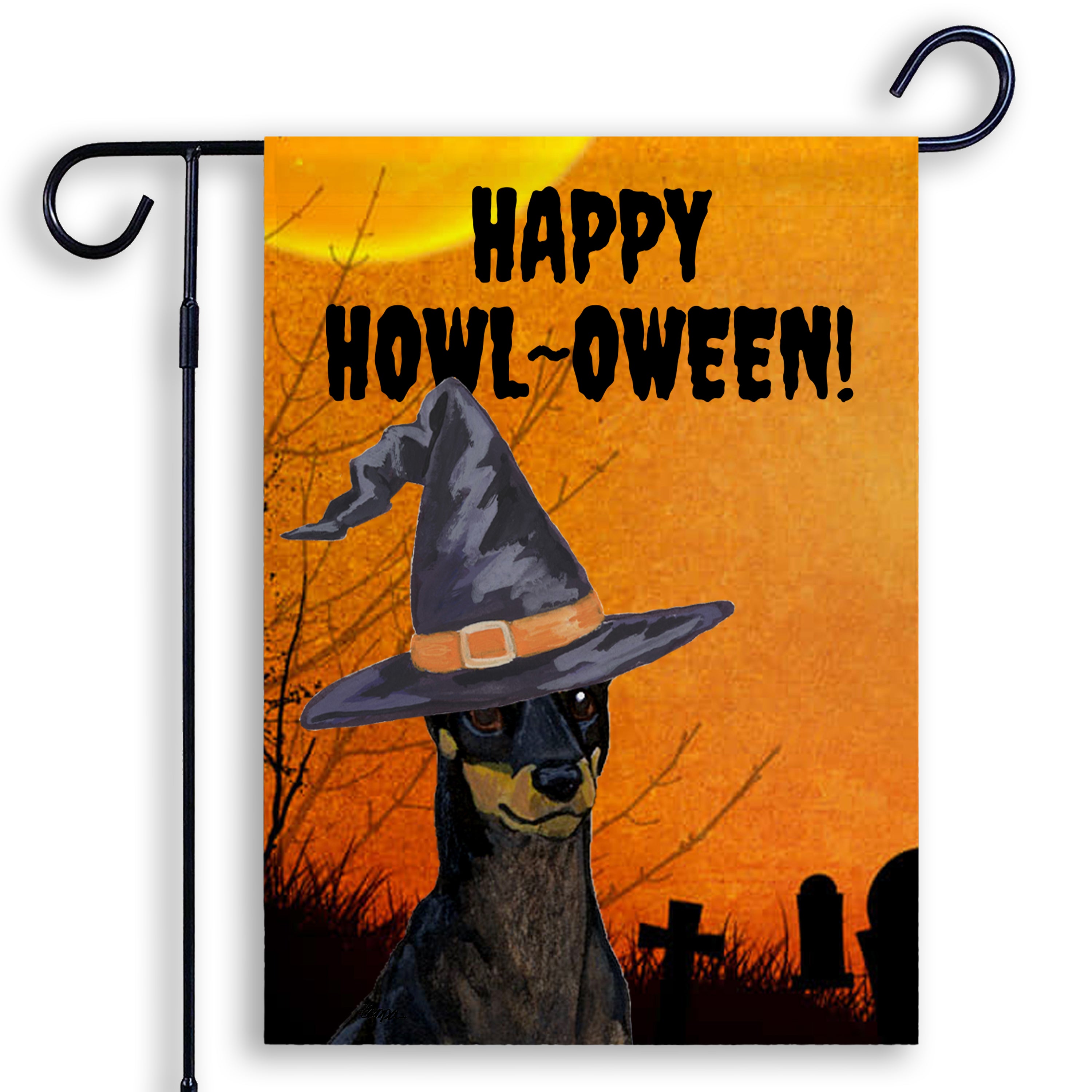 Halloween-themed garden flag with a Toy Manchester Terrier wearing a witch hat and 'Happy Howl-Oween!' text on an orange background.