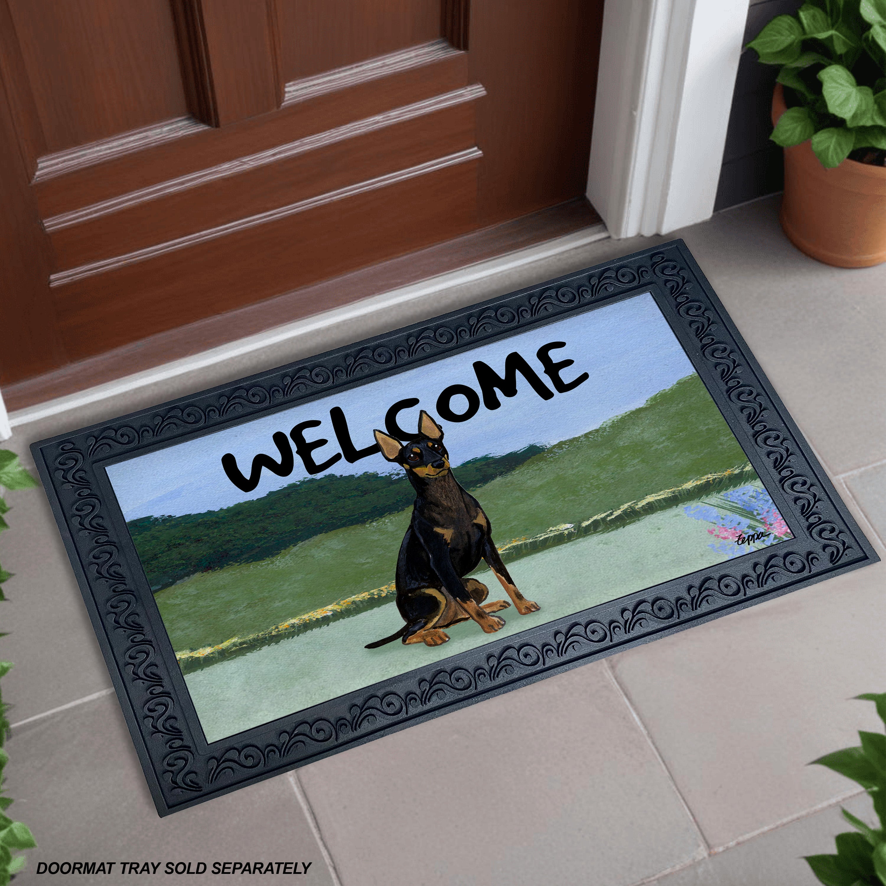 Toy Manchester Terrier Yard Scene Welcome Mat