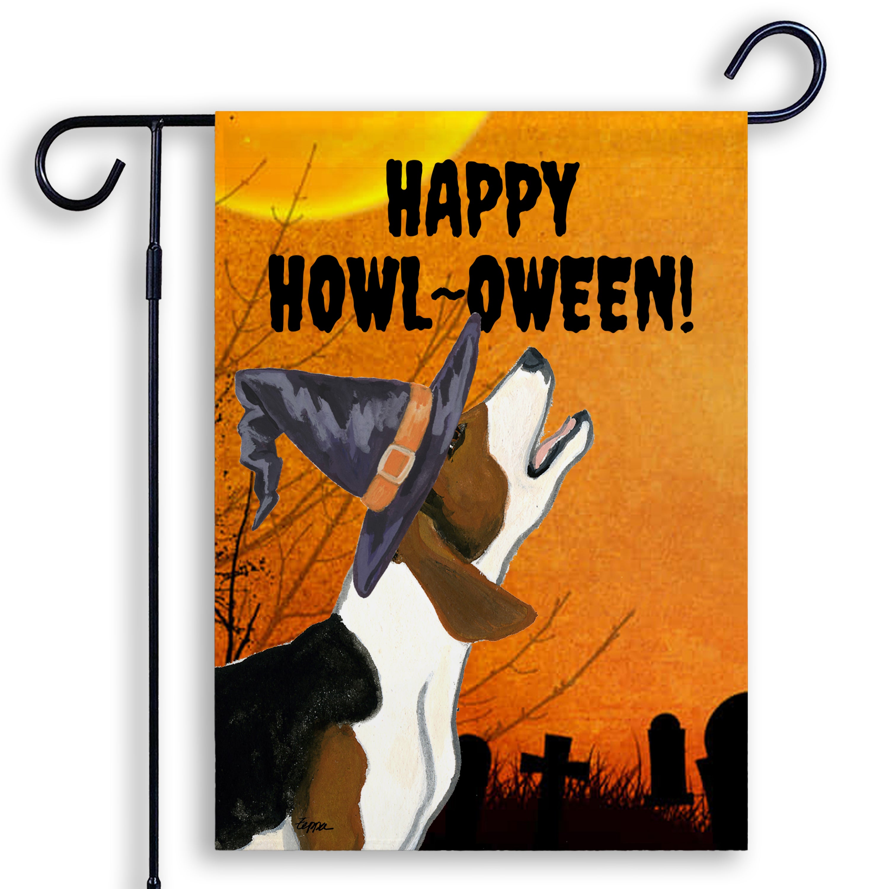Halloween-themed garden flag with a Treeing Walker Coonhound wearing a witch hat and 'Happy Howl-Oween!' text on an orange background.