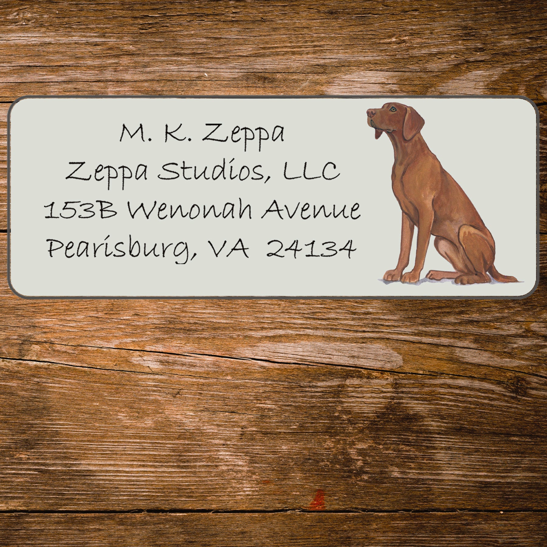 Return address label with a Vizsla illustration.