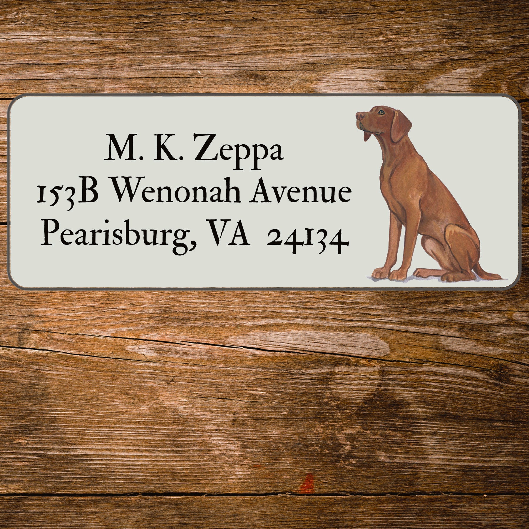 Return address label with a Vizsla illustration.