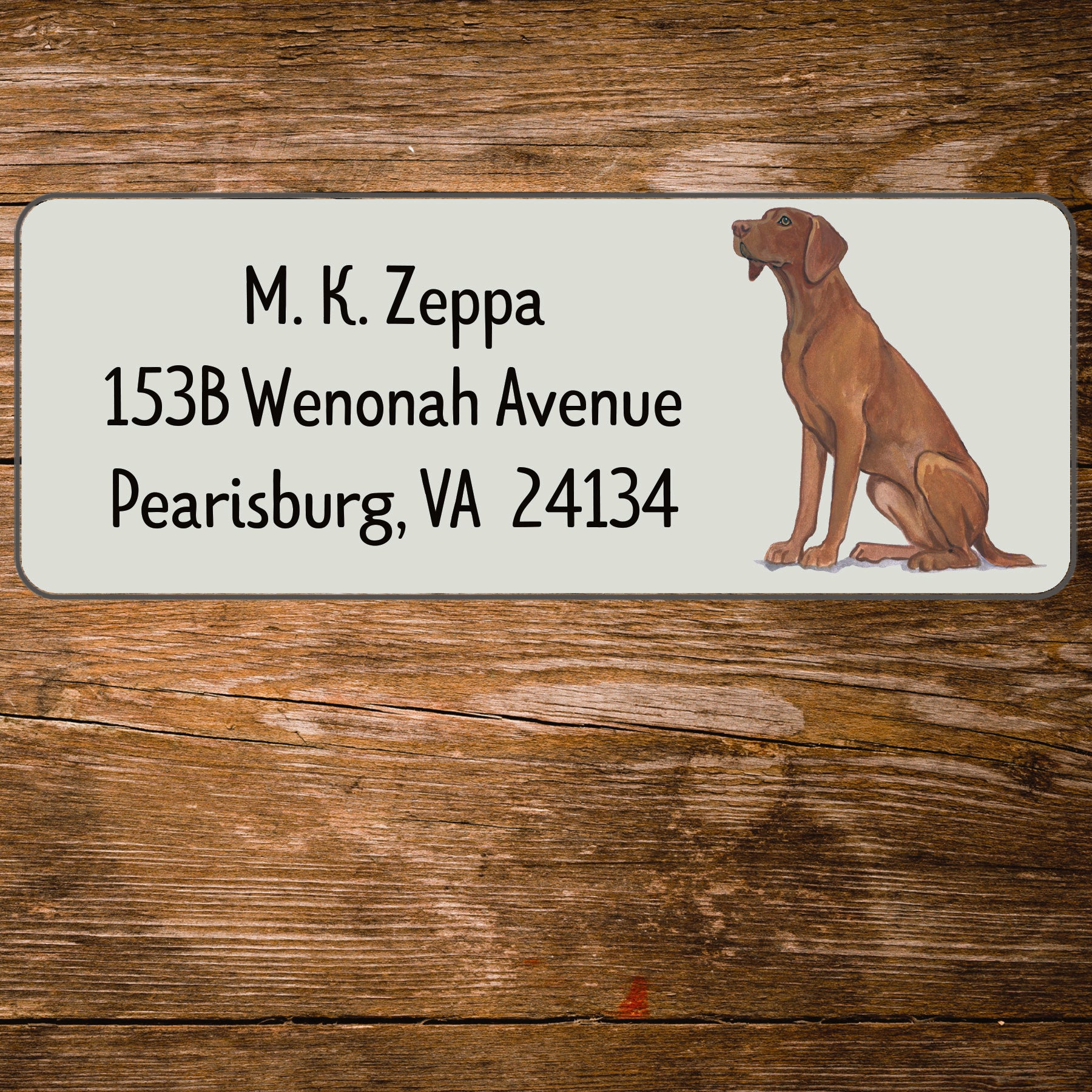 Return address label with a Vizsla illustration.