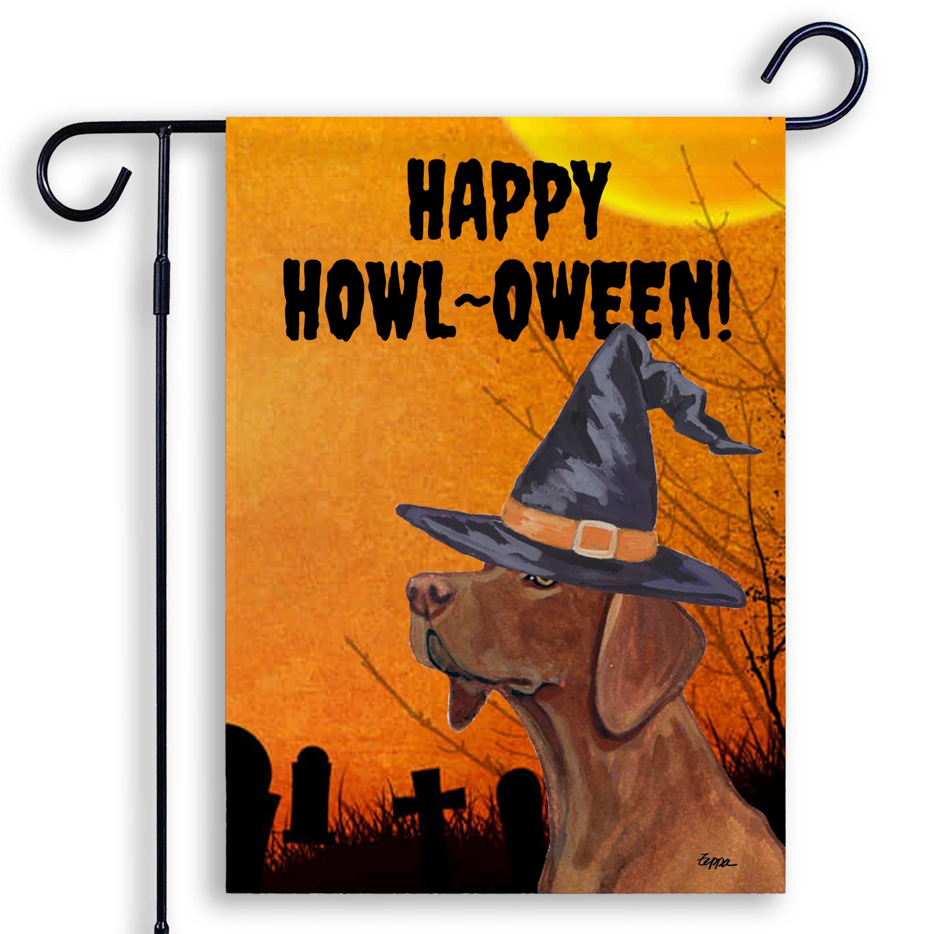 Halloween-themed garden flag with a Vizsla wearing a witch hat and 'Happy Howl-Oween!' text on an orange background.