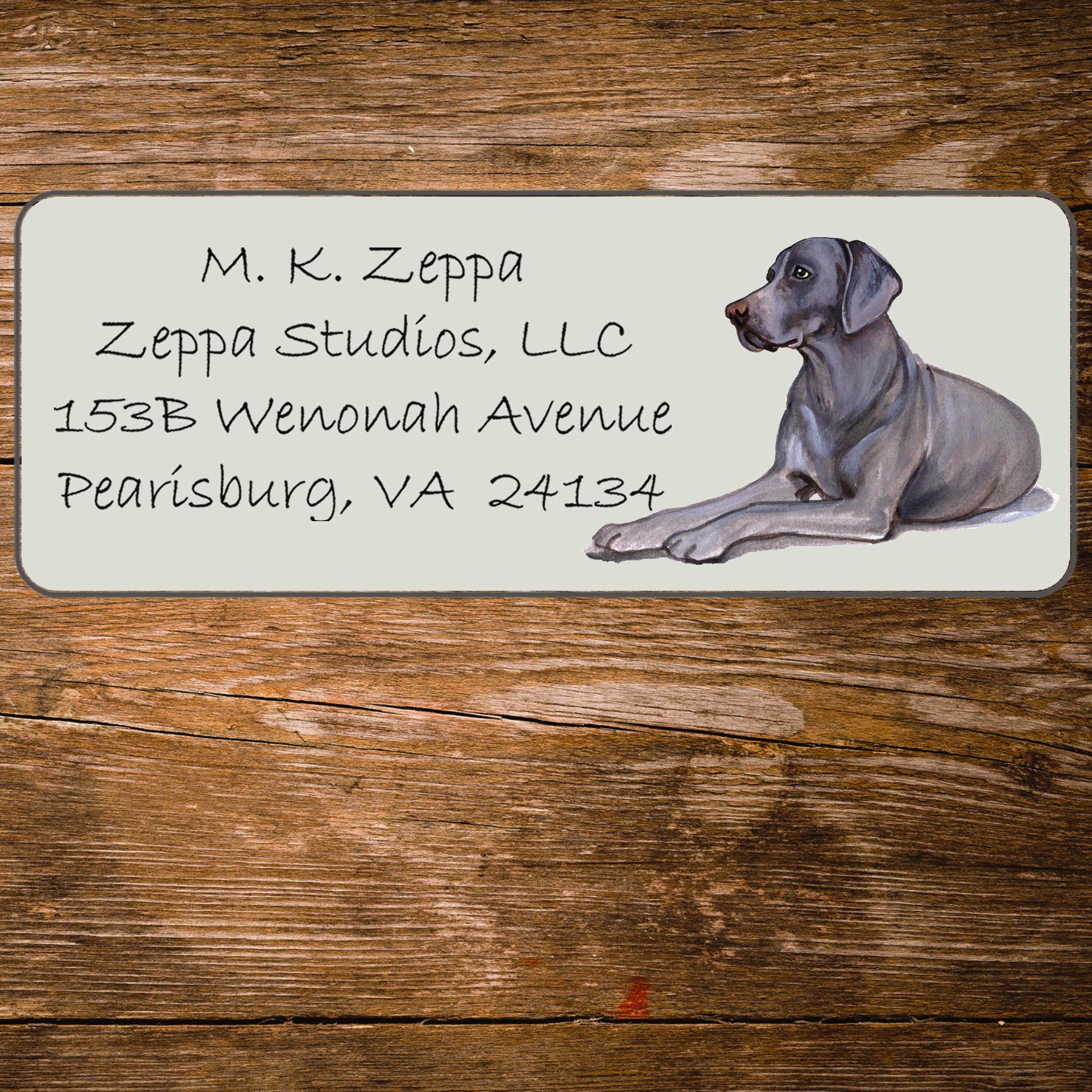 Return address label with a Weimaraner illustration.