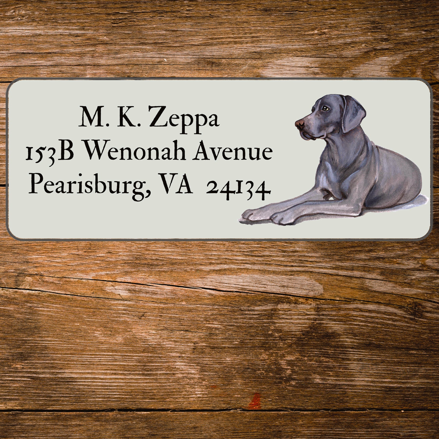 Return address label with a Weimaraner illustration.
