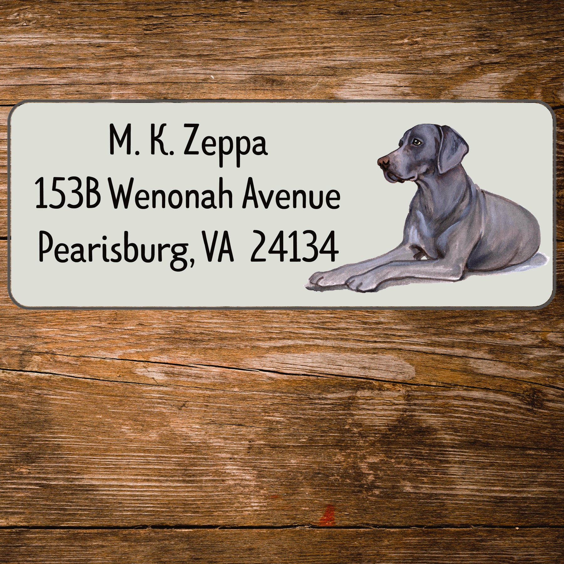 Return address label with a Weimaraner illustration.