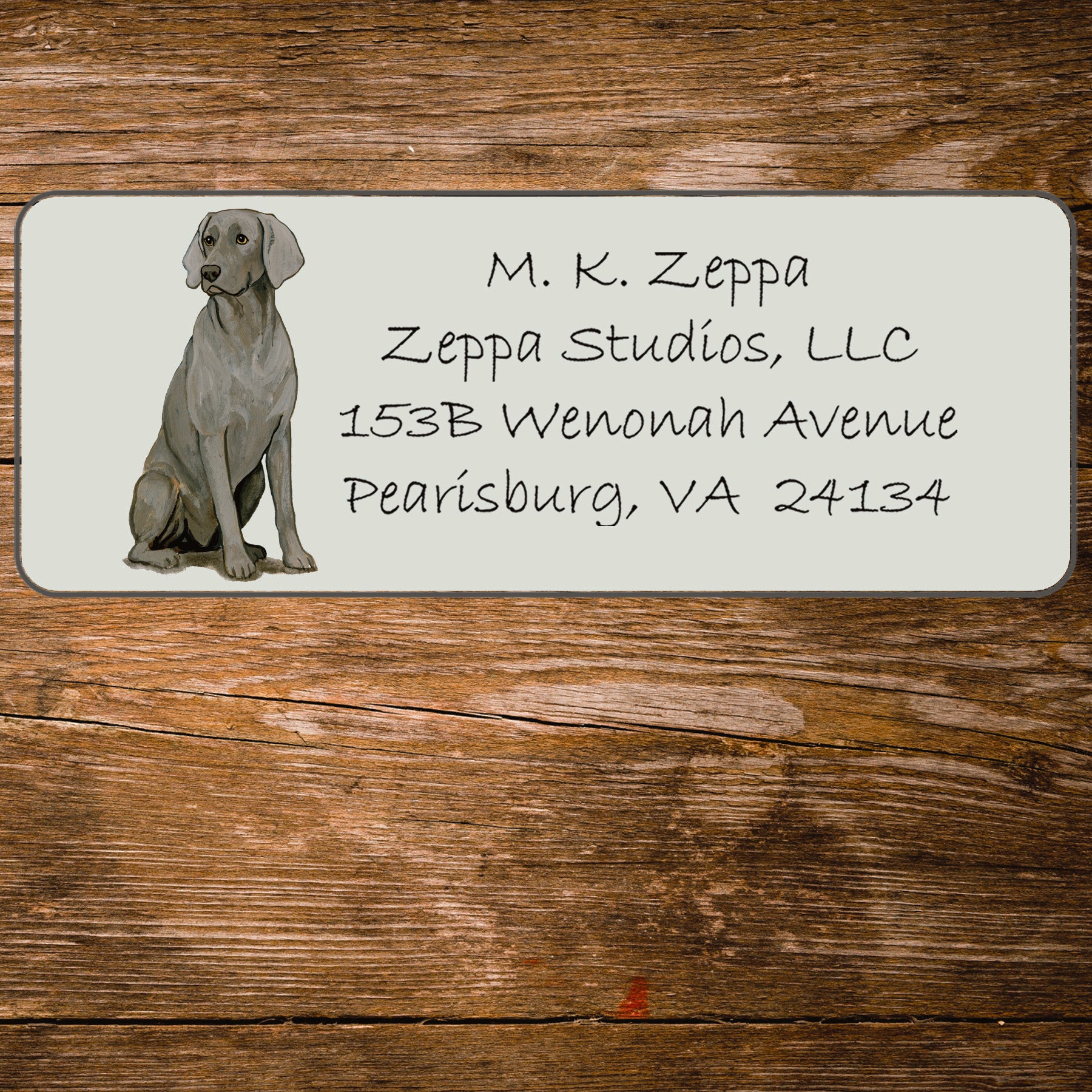 Return address label with a Weimaraner illustration.
