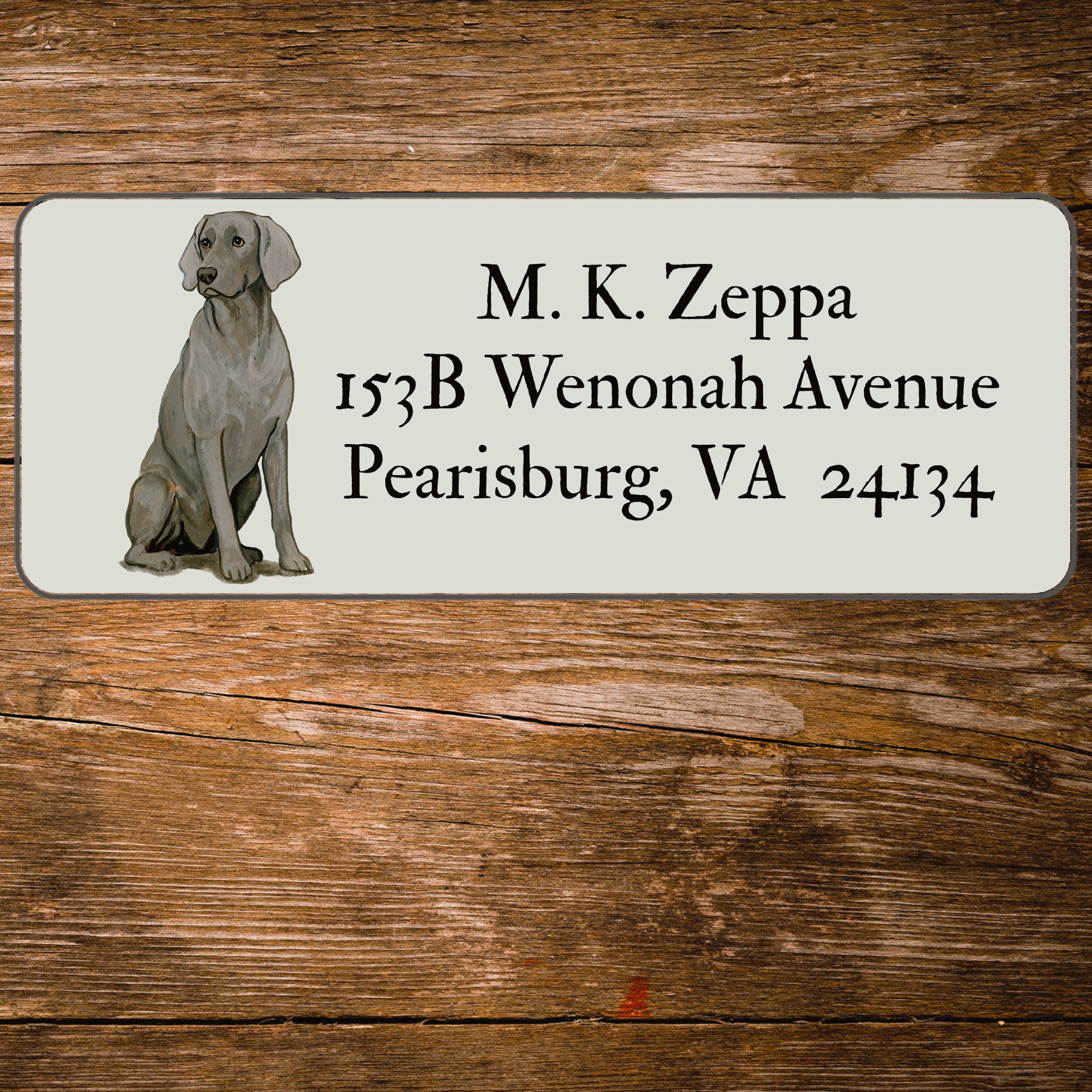Return address label with a Weimaraner illustration.