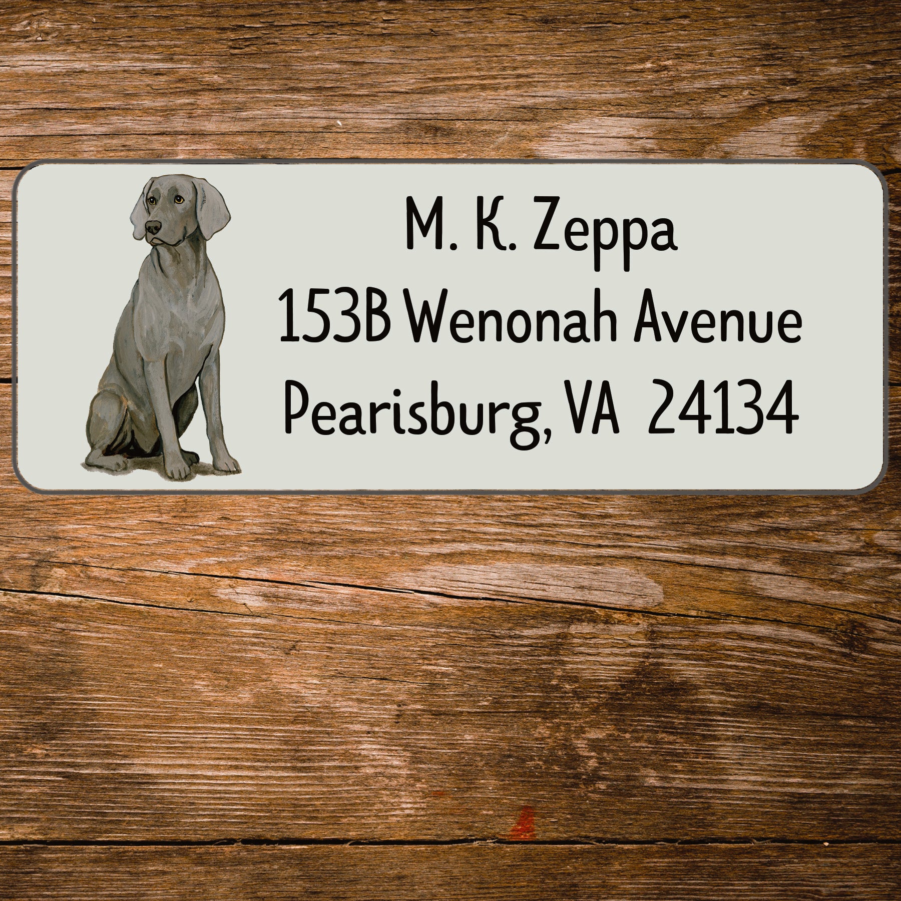 Return address label with a Weimaraner illustration.