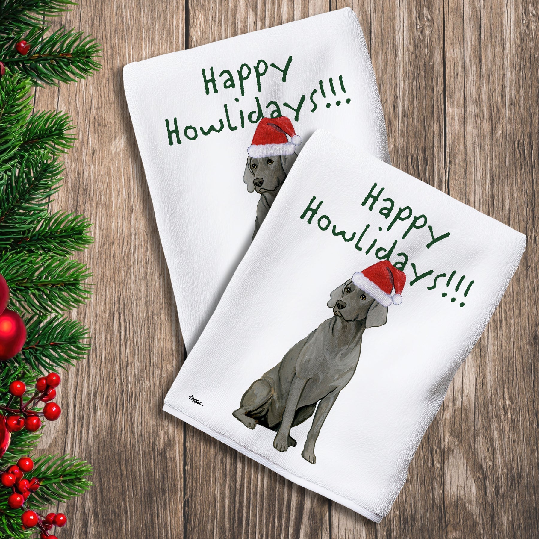 2 Kitchen Towels with a Weimaraner in a Santa Hat and Happy Howlidays text.