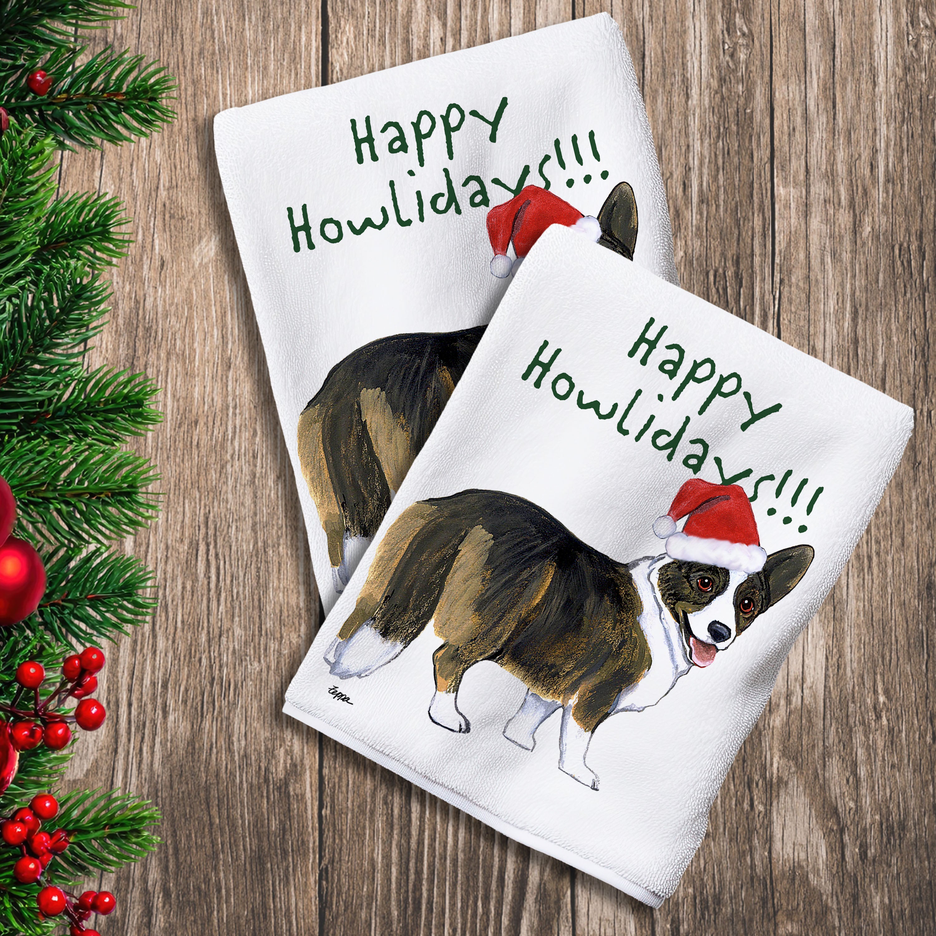 2 Kitchen Towels with a Cardigan Welsh Corgi in a Santa Hat and Happy Howlidays text.
