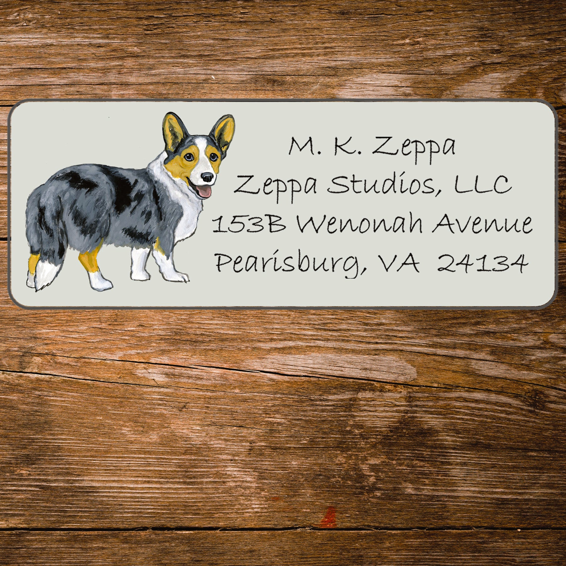 Return address label with an illustration of a Cardigan Welsh Corgi