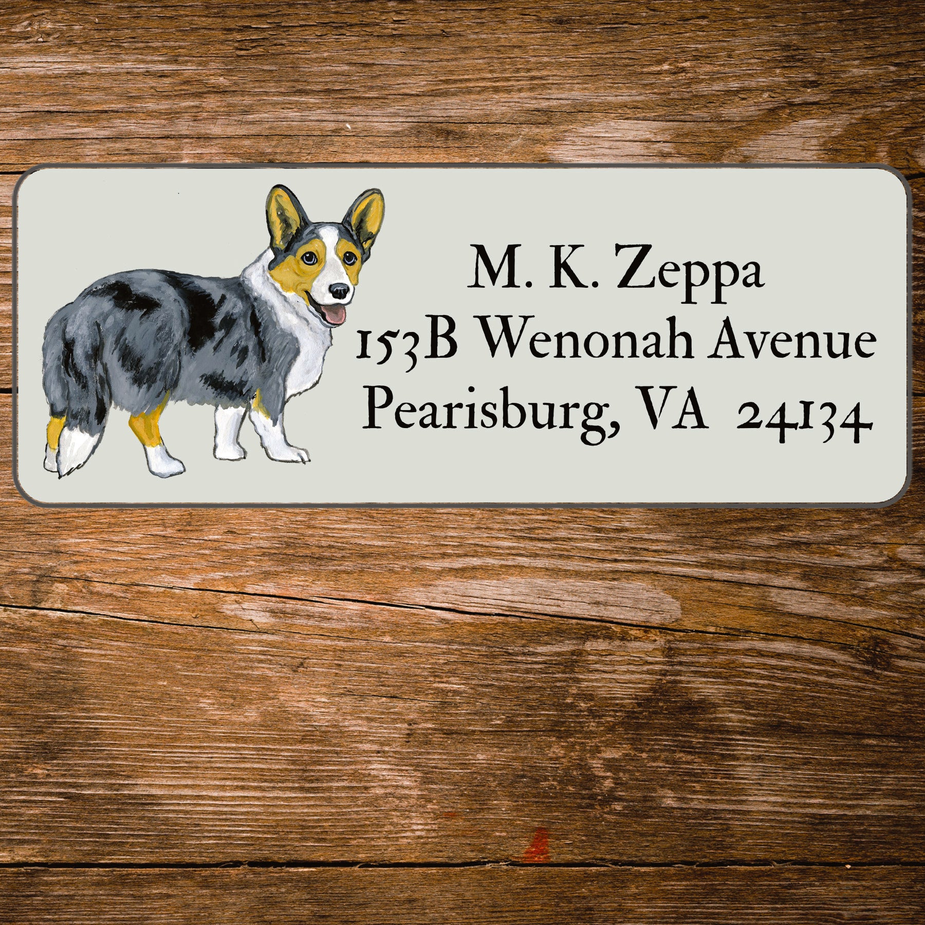 Return address label with an illustration of a Cardigan Welsh Corgi