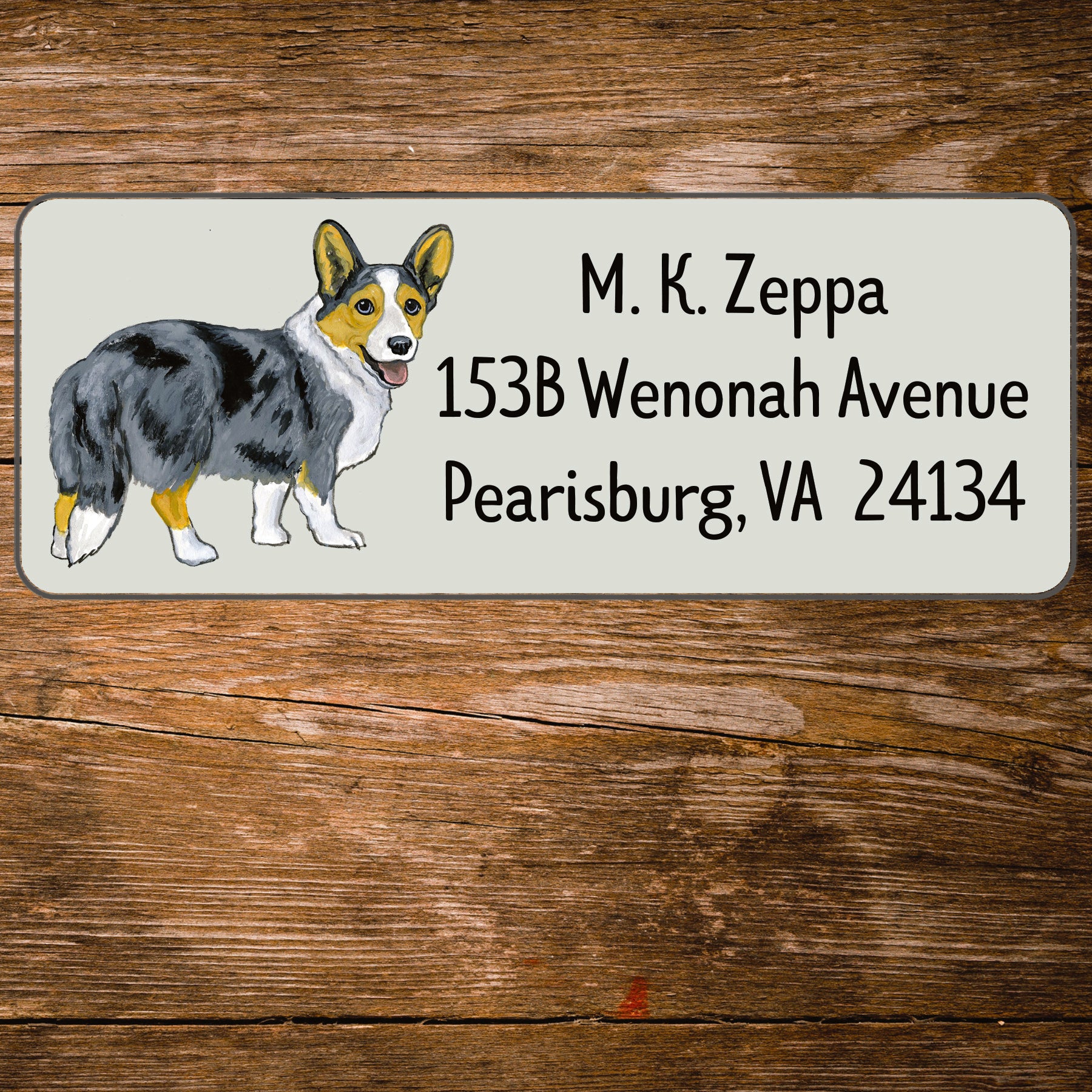 Return address label with an illustration of a Cardigan Welsh Corgi