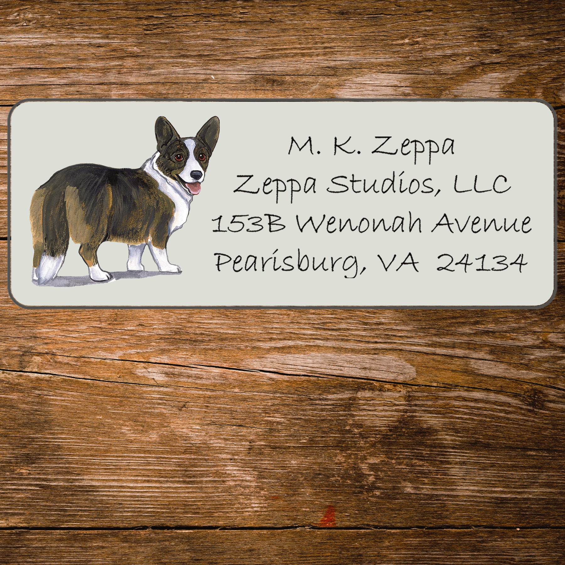 Return address label with a  Welsh Corgi  illustration.