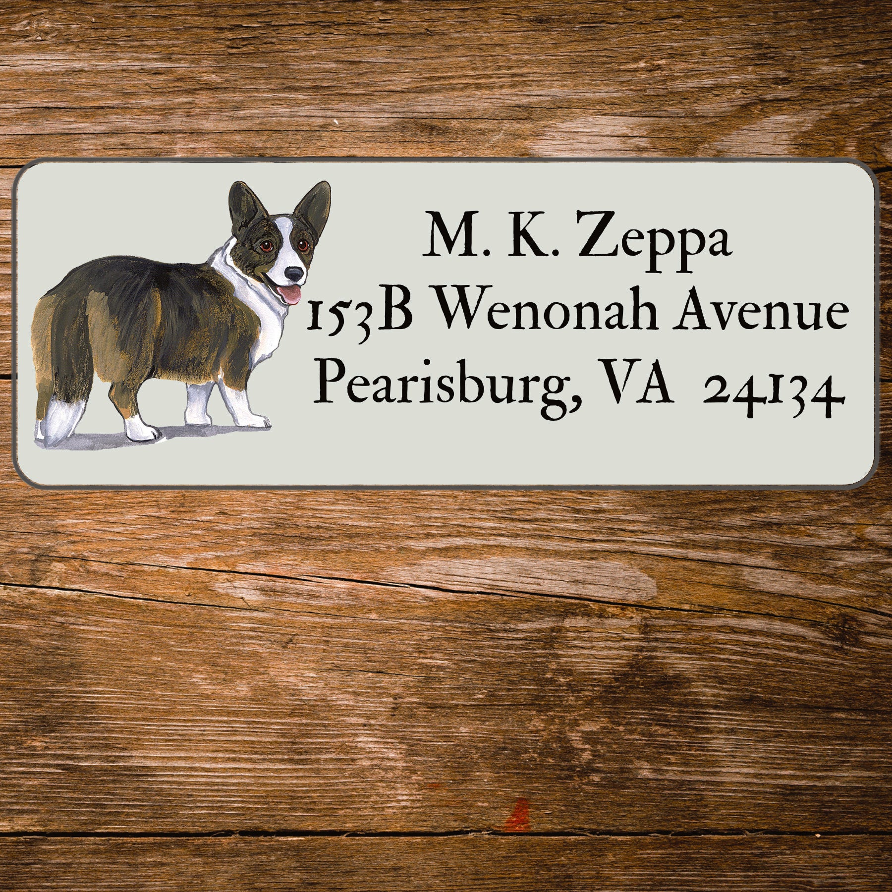 Return address label with an illustration of a Cardigan Welsh Corgi
