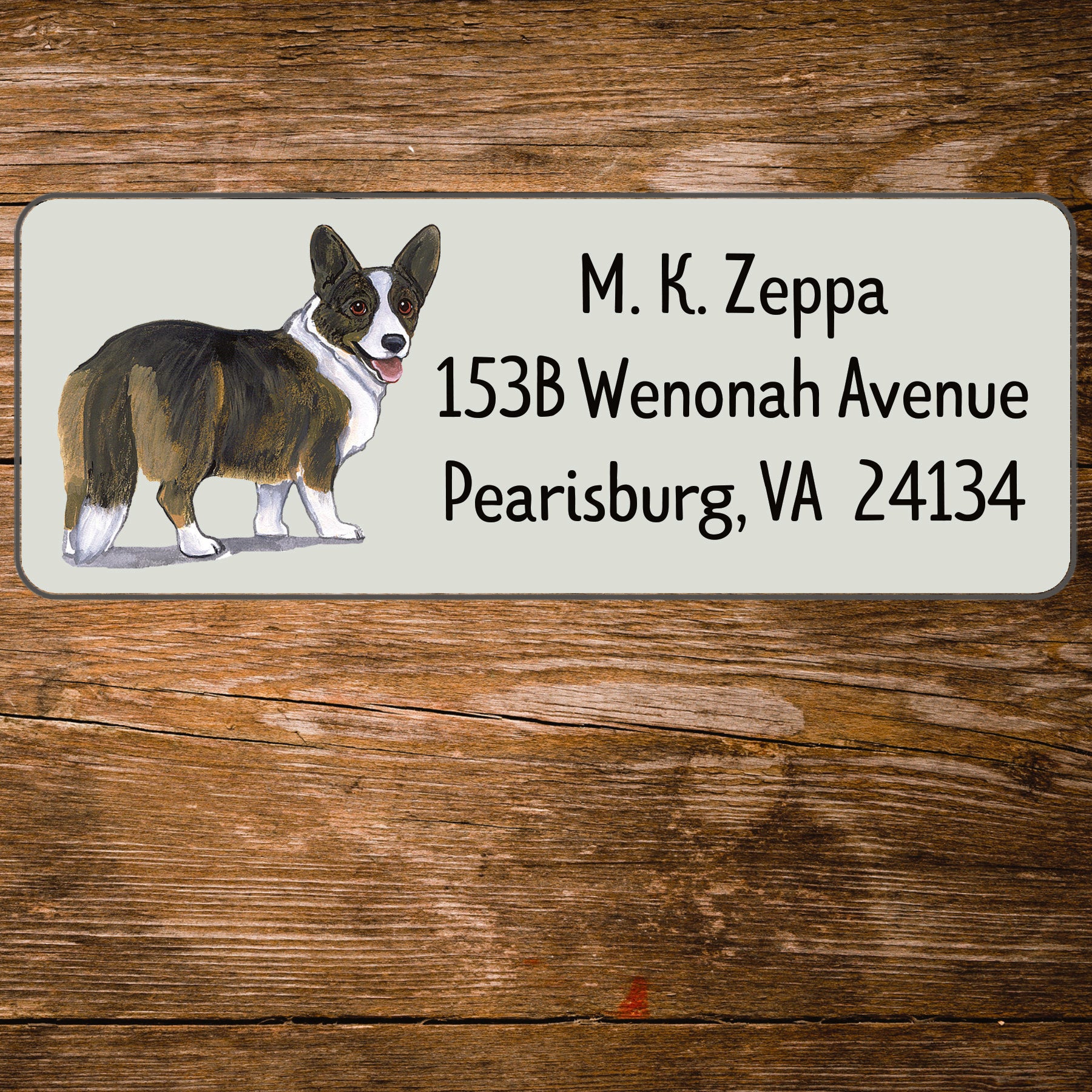 Return address label with an illustration of a Cardigan Welsh Corgi