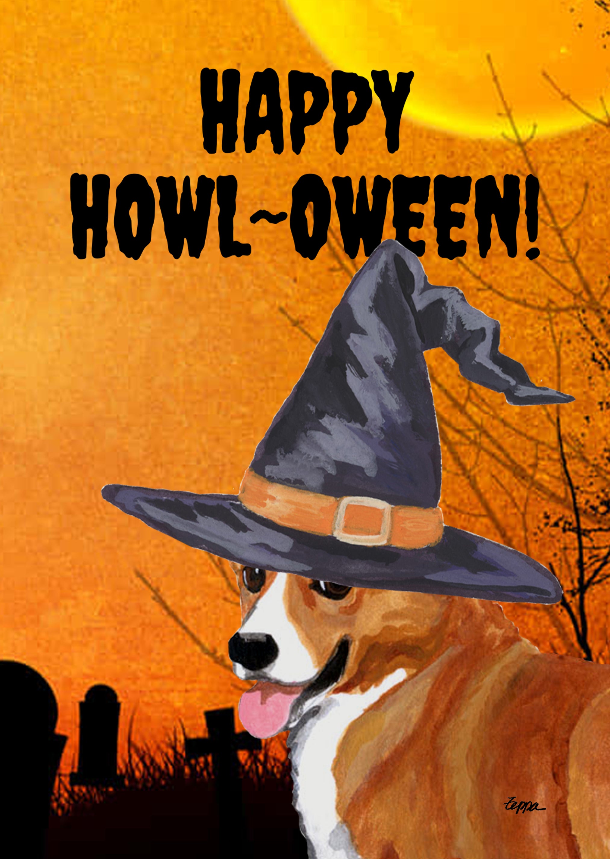 Welsh Corgi wearing a witch hat with 'Happy Howl-Oween!' text on an orange sky graveyard background garden flag
