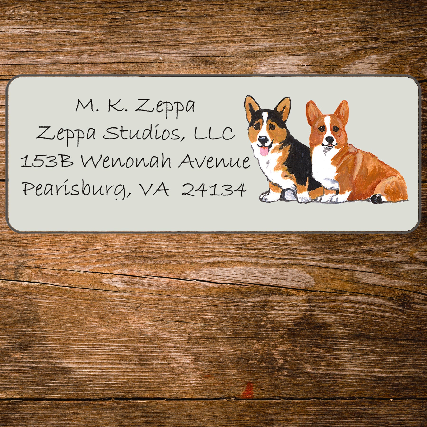 Return address label with an illustration of a Pembroke Welsh Corgi