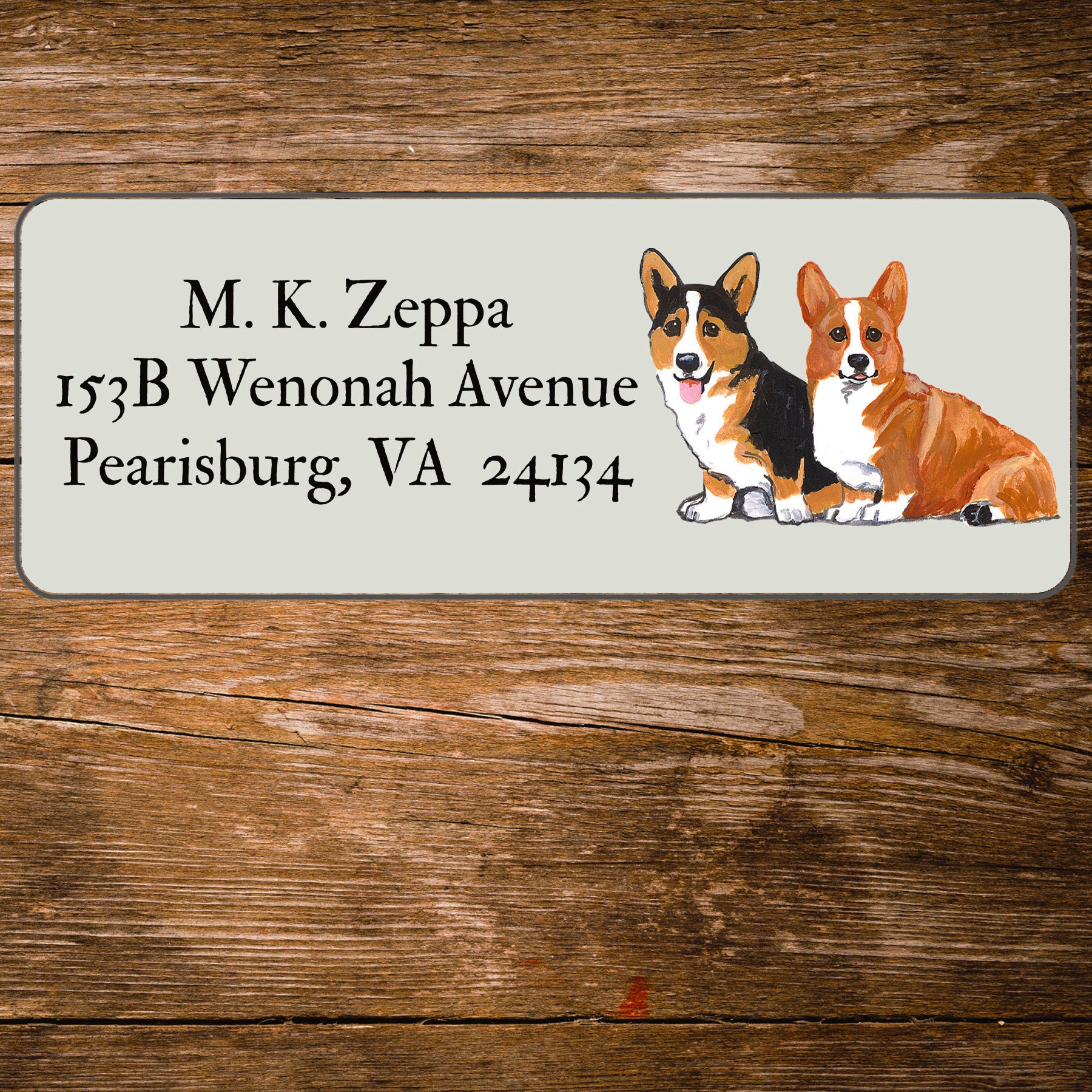 Return address label with a  Welsh Corgi  illustration.