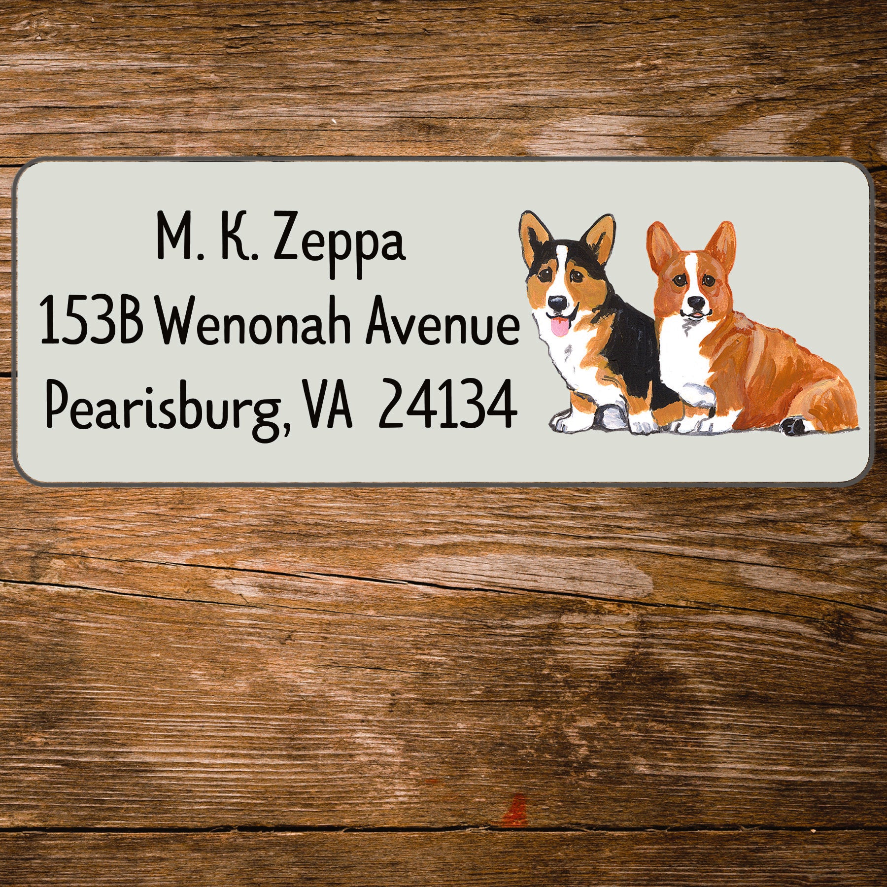 Return address label with an illustration of a Pembroke Welsh Corgi