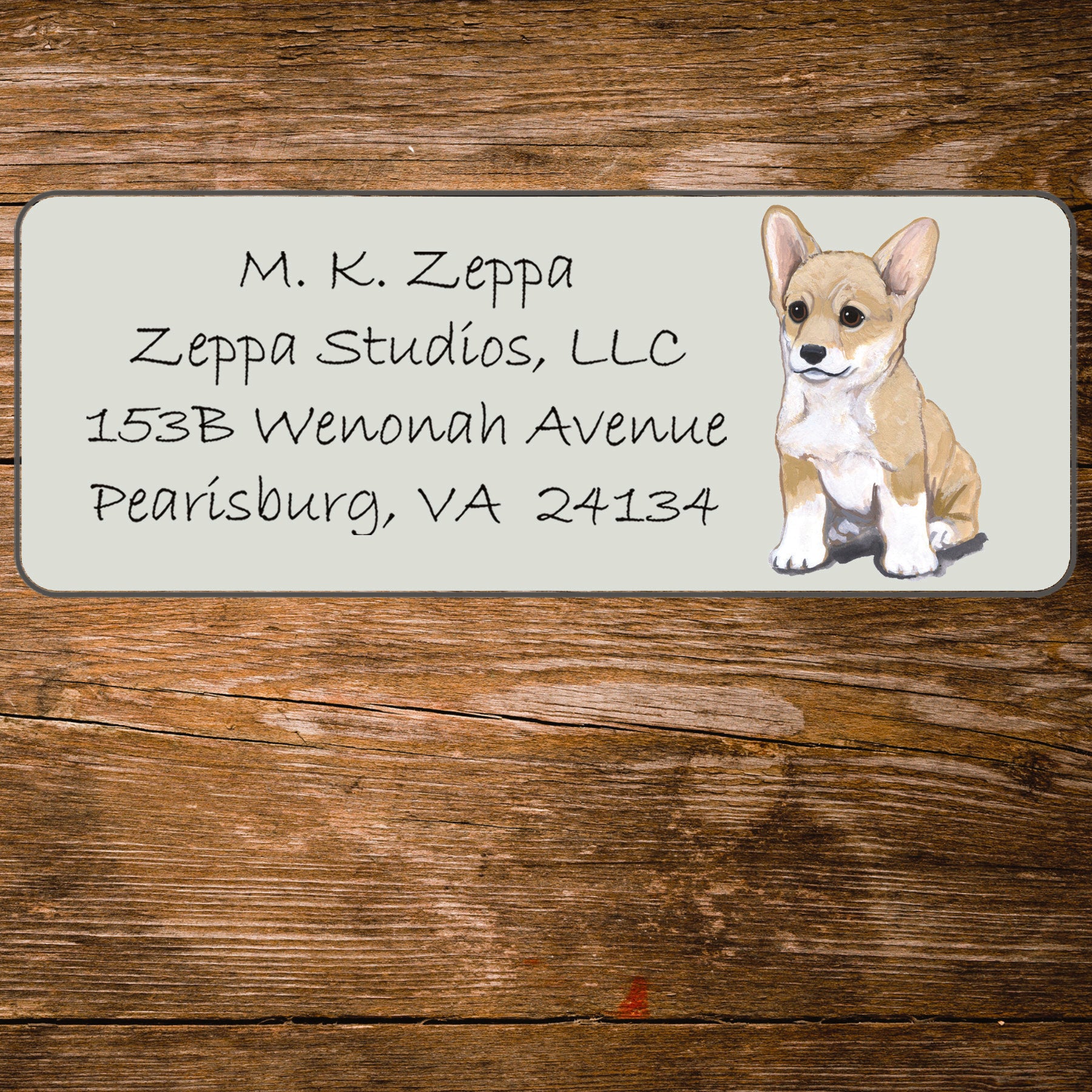 Return address label with an illustration of a Pembroke Welsh Corgi