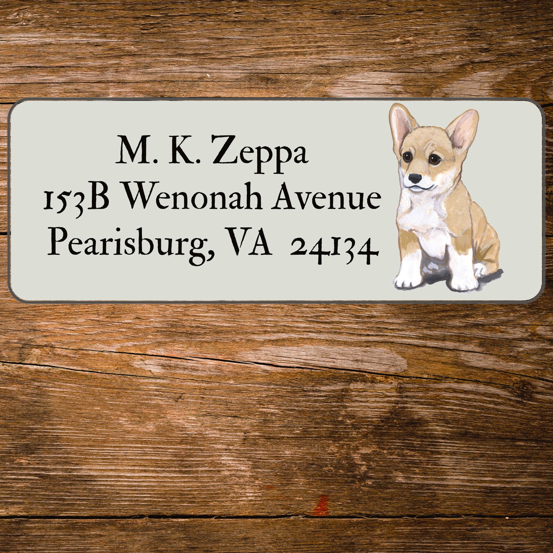 Return address label with an illustration of a Pembroke Welsh Corgi