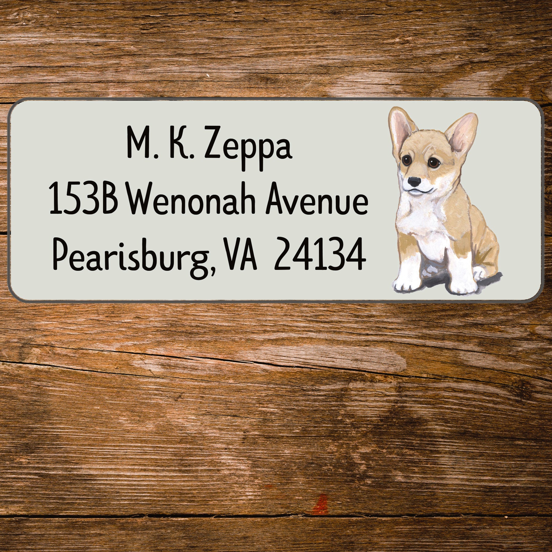 Return address label with a  Welsh Corgi  illustration.