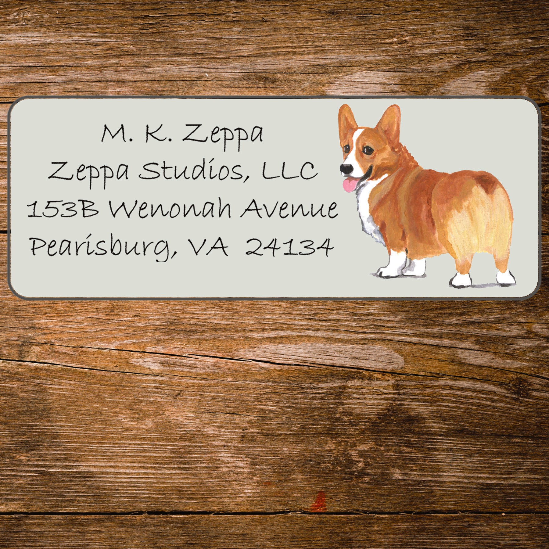Return address label with a  Welsh Corgi  illustration.