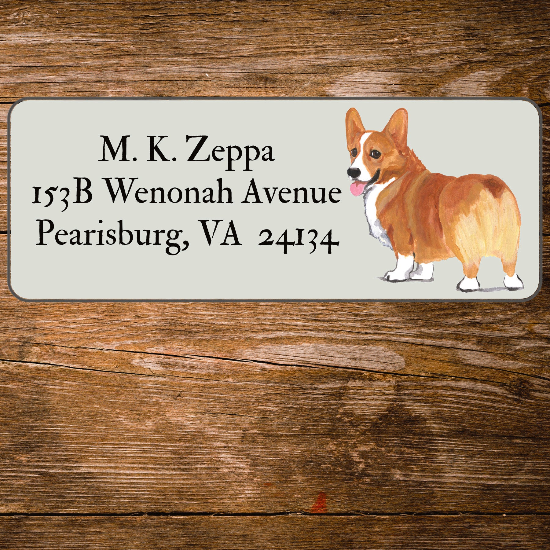 Return address label with an illustration of a Pembroke Welsh Corgi