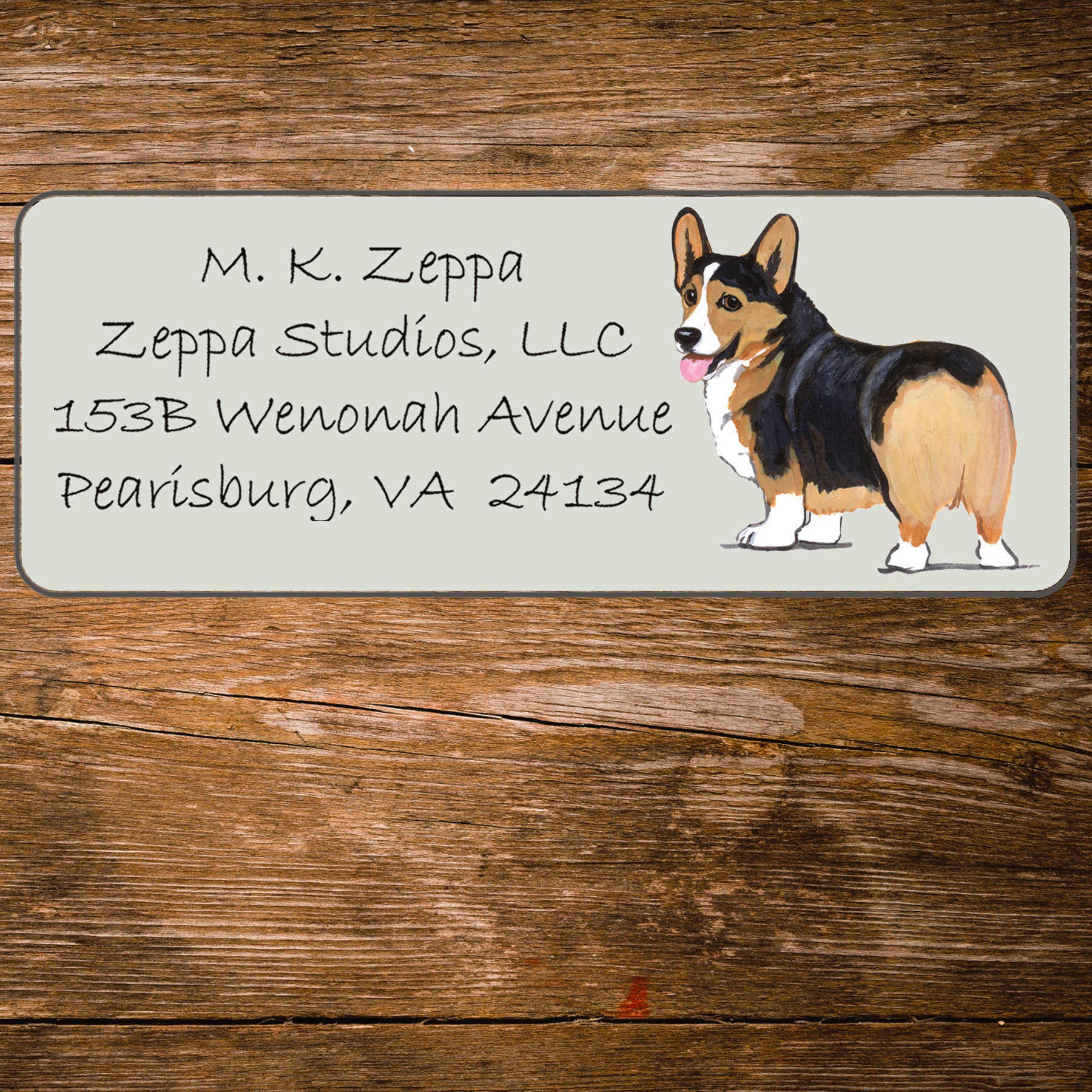 Return address label with an illustration of a Pembroke Welsh Corgi