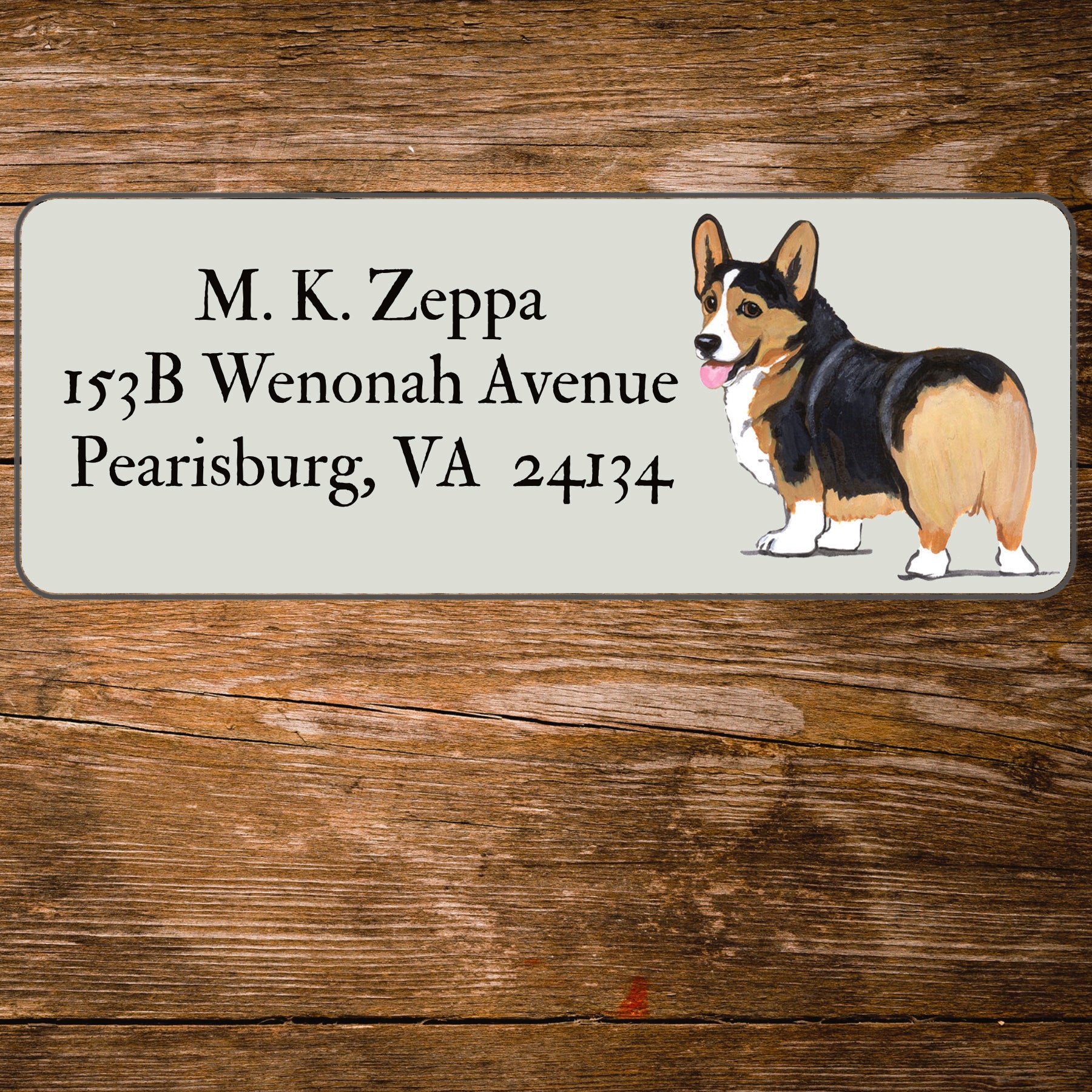 Return address label with a  Welsh Corgi  illustration.