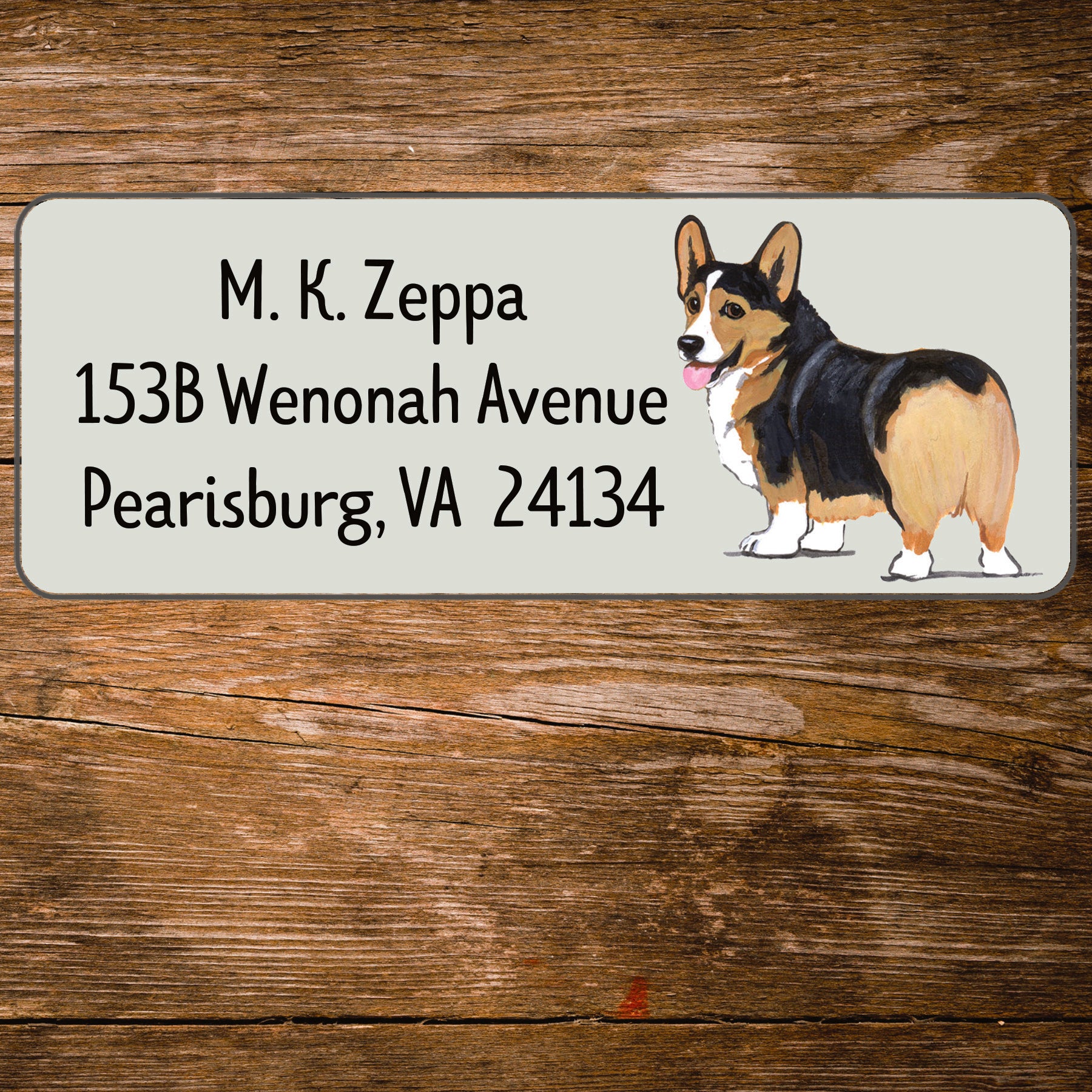 Return address label with a  Welsh Corgi  illustration.