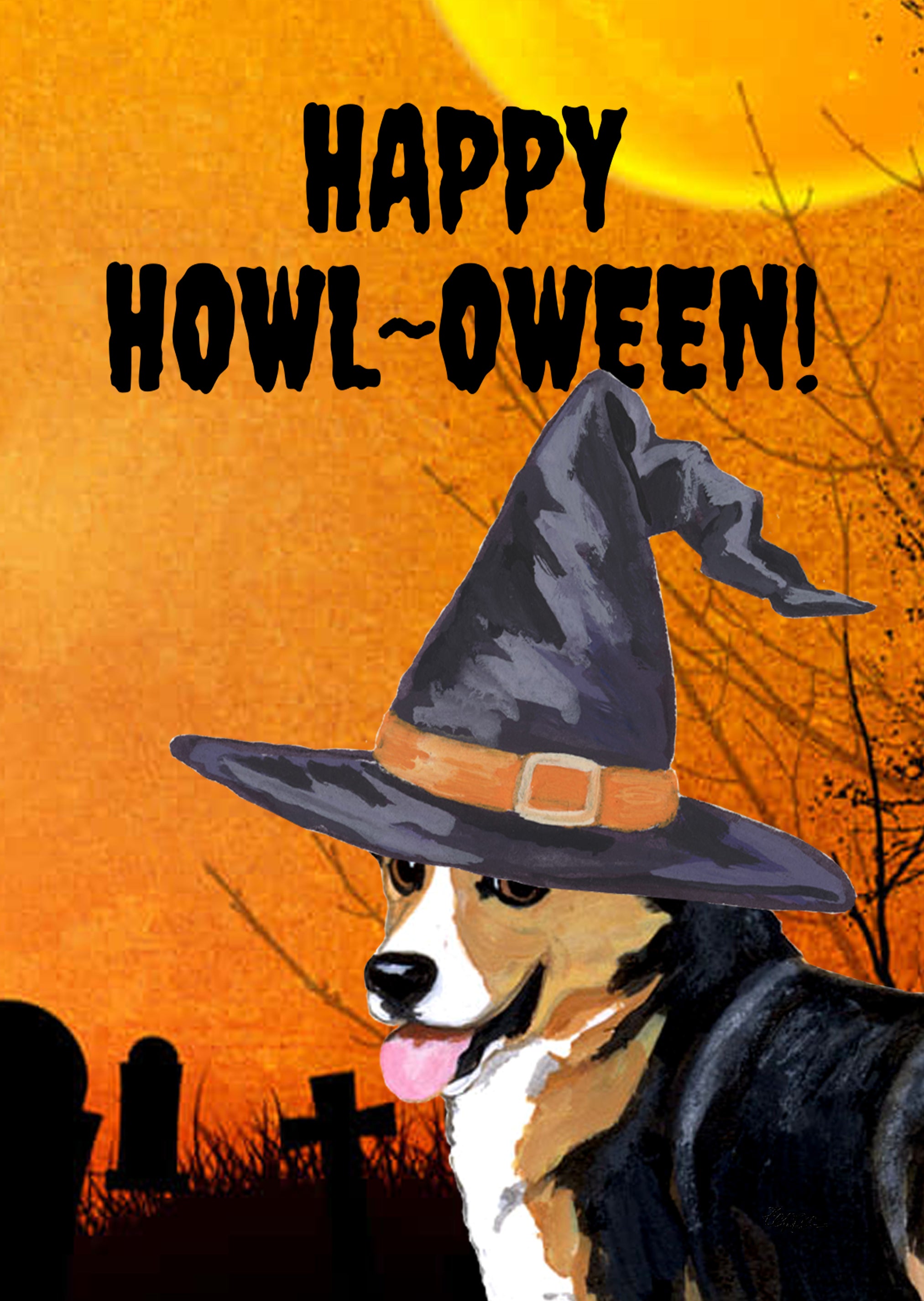 Welsh Corgi wearing a witch hat with 'Happy Howl-Oween!' text on an orange sky graveyard background garden flag